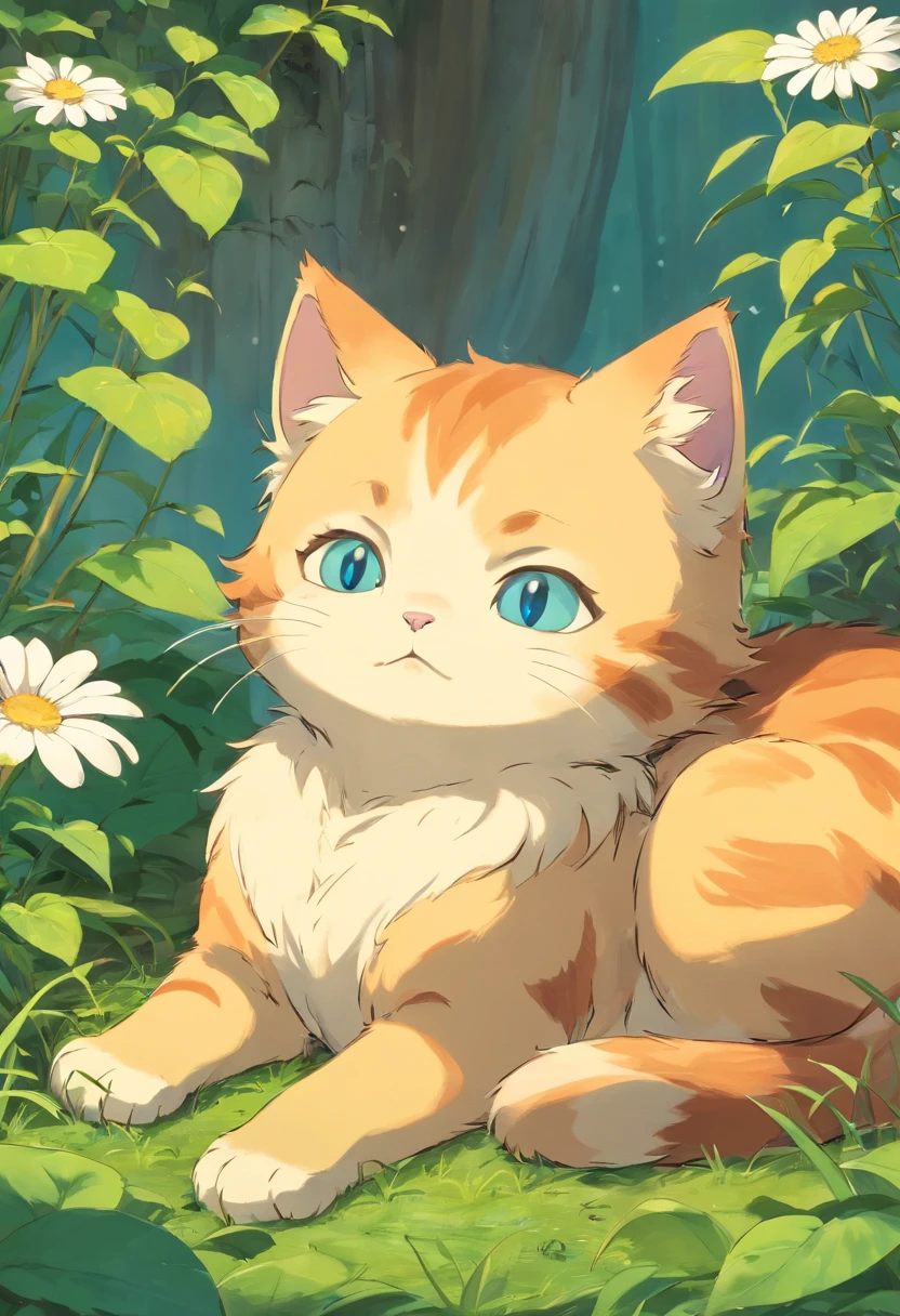 The kitten huddled up on its stomach