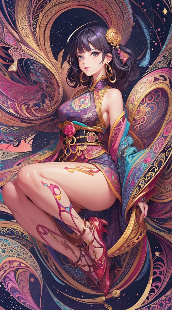 (masterpiece, top quality, best quality, official art, beautiful and aesthetic:1.2), (1girl:1.3), extremely detailed,(fractal art:1.1),(colorful:1.1),highest detailed,(zentangle:1.2), (dynamic pose), (abstract background:1.5), (japanese dress:1.2), (shiny skin), (many colors:1.4), ,(earrings:1.4),