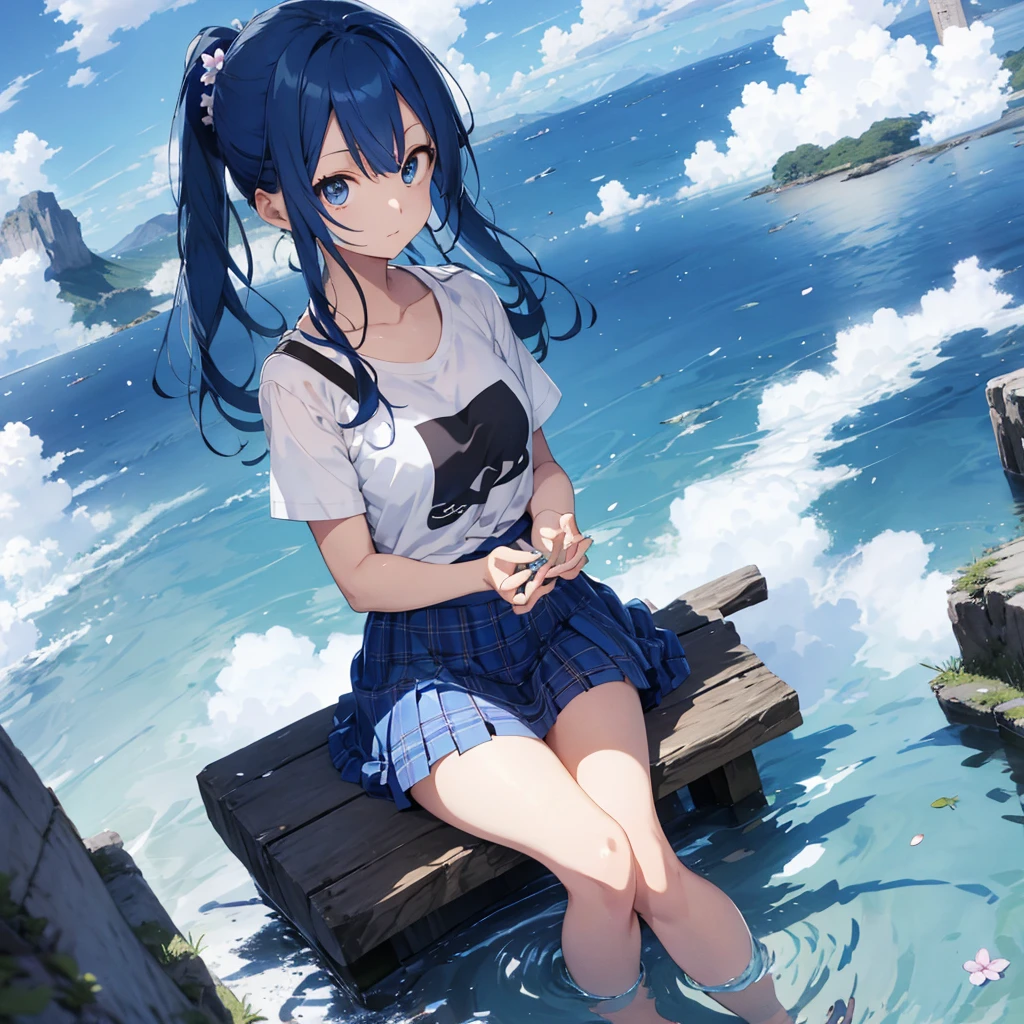 Blue-haired、blue eyess、one good looking girl、animesque、lightly dressed、Plaid miniskirt、flower petals、bare-legged、wetting hair、Black T-shirt、sitting on、sea of clouds