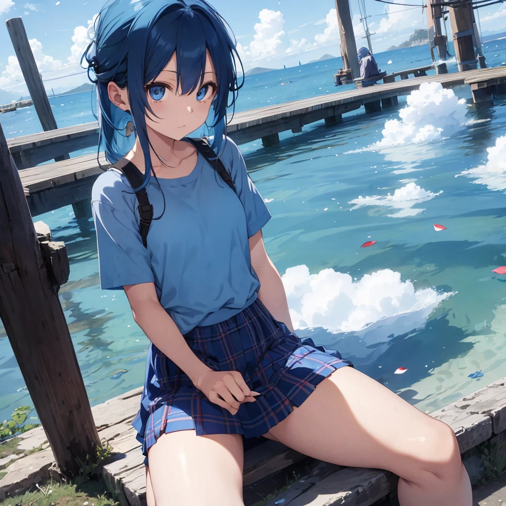 Blue-haired、blue eyess、one good looking girl、animesque、lightly dressed、Plaid miniskirt、flower petals、bare-legged、wetting hair、Black T-shirt、sitting on、sea of clouds