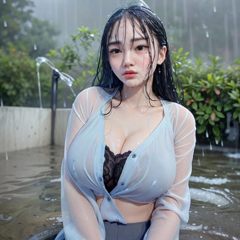 ((32K, top-quality:1.5, ​masterpiece, 超A high resolution, Photorealsitic)), low angles, 1girl in, 22year old, street corner, winter night, (((Heavy snowfall))), Highly detailed facial and skin texture:1.2, ((look up sky, Slender beauty getting wet in the rain:1.4)), (Rain drips all over the body:1.2, wetting hair, Wet clothes:1.1, water drop on the skin), ((Wet Office Lady Uniform:1.2, Button is not closed, no-bra)), ((Open valley, big breasts popping out:1.1)), (Melancholy pose and gloomy look:1.2), Wet pantyhose:1.1, Wet pink panties, Silver necklace, blurry backround, Extremely beautiful face, Upper body only, low angles