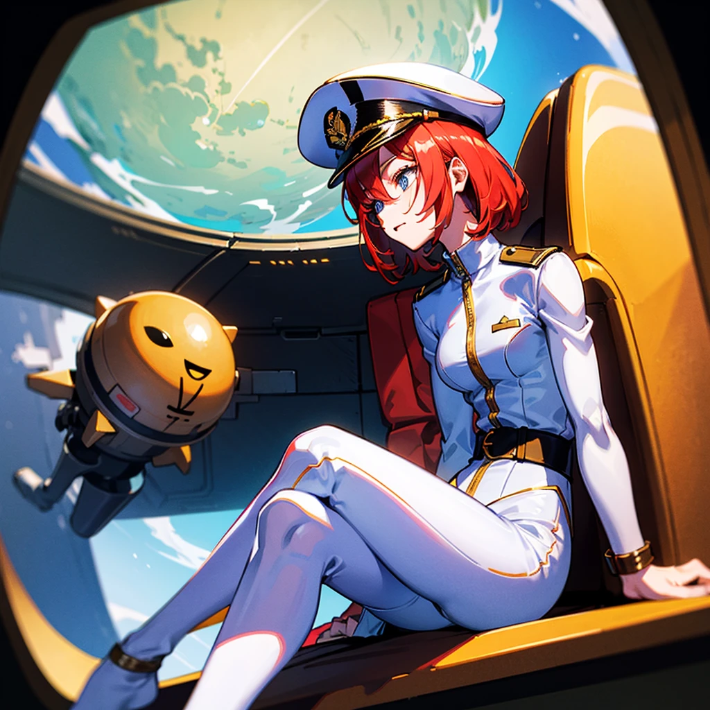 (((masterpiece)))、(((Top image quality)))、(((top-quality)))、(((Illustration of one woman)))、full bodyesbian、Red-haired shorthair、(Thin hair hanging down both sides of the face)、Blue eyes、(((neuter)))、(30-years old)、((Tall))、(((Muscular and strong body)))、((muscular and thick arms))、((muscular and thick legs))、(((manspreading)))、opening legs、((Military uniforms))、((Military Cap))、((Military coat))、(white clothes)、(White pants)、(White cap)、trench coat、((Inside the spaceship、Sitting in the captain's seat))、(Outside the window、Earth seen from space)