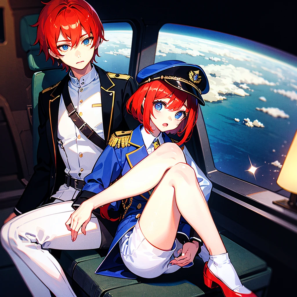 （（（​masterpiece）））、（（（Top image quality）））、（（（top-quality）））、（（（Illustration of one woman）））、full bodyesbian、Red-haired shorthair、（Thin hair hanging down both sides of the face）、Blue eyes、（（（neuter）））、（30-years old）、（（Tall））、（（（Muscular and strong body）））、（（muscular and thick arms））、（（muscular and thick legs））、（（（manspreading）））、opening legs、（（Military uniforms））、（（Military Cap））、（（Military coat））、（white  clothes）、（White pants）、（White cap）、trench coat、（（Inside the spaceship、Sitting in the captain's seat））、（Outside the window、Earth seen from space）