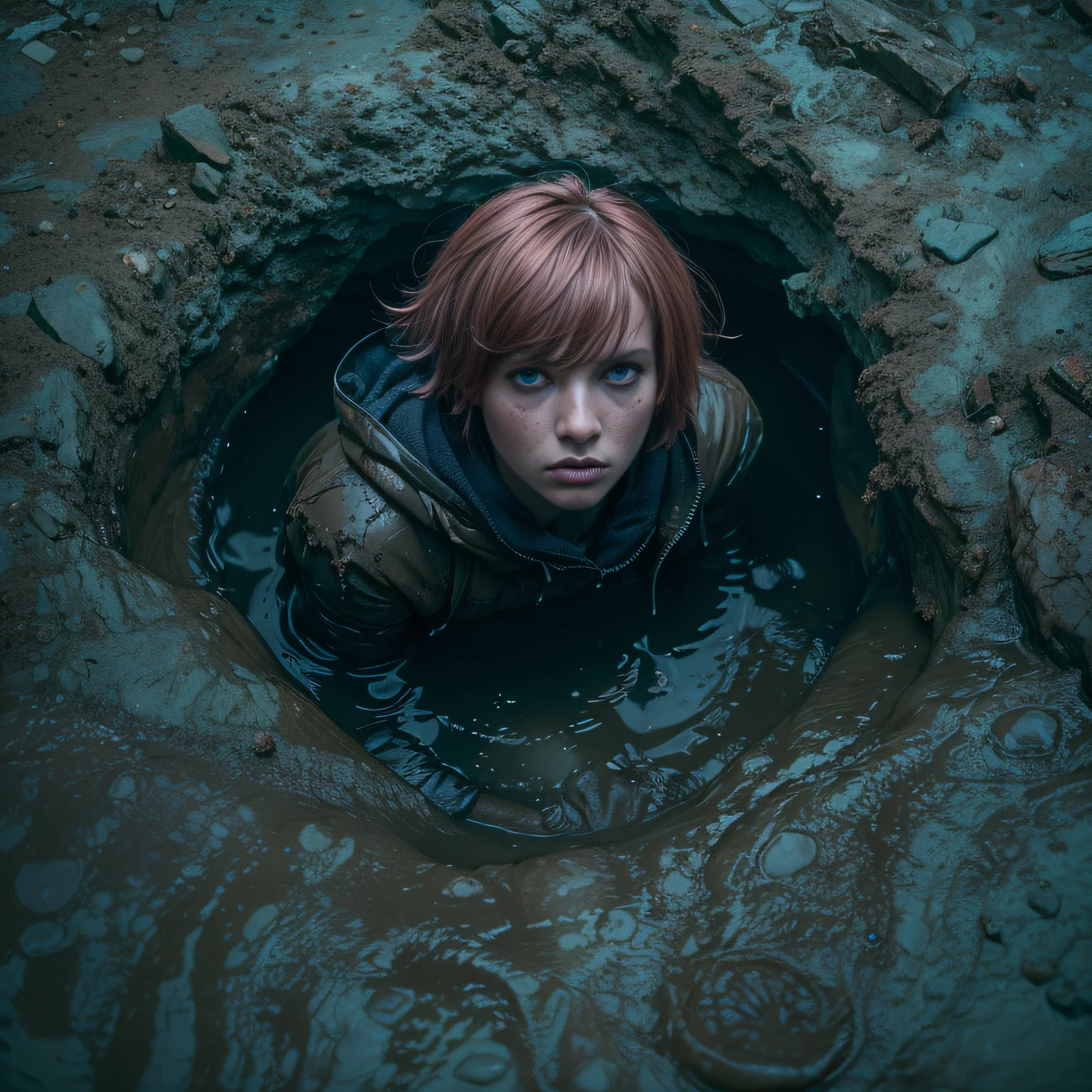 (Best Quality,hight resolution,Masterpiece, Overhead view:1.20),Ultra-detailed,Wide jeans,drowning in a swamp, fetish, (at the bottom of a mud pit:1.3),gloomy ecstasy,fetish,dark gloomy atmosphere,gritty texture,melancholic expression on his face,mysterious aura,foggy background,Subtle color palette,provocative pose,Strong emotions,Coming Out of the Depths of Despair,Piercing gaze,intense shadows,Plunged in Darkness,Rugged terrain,ominous vibe,A supernatural sensation,asymmetrical bangs, freckles, pink short hair, Bangs, freckles, gray eyes, A girl