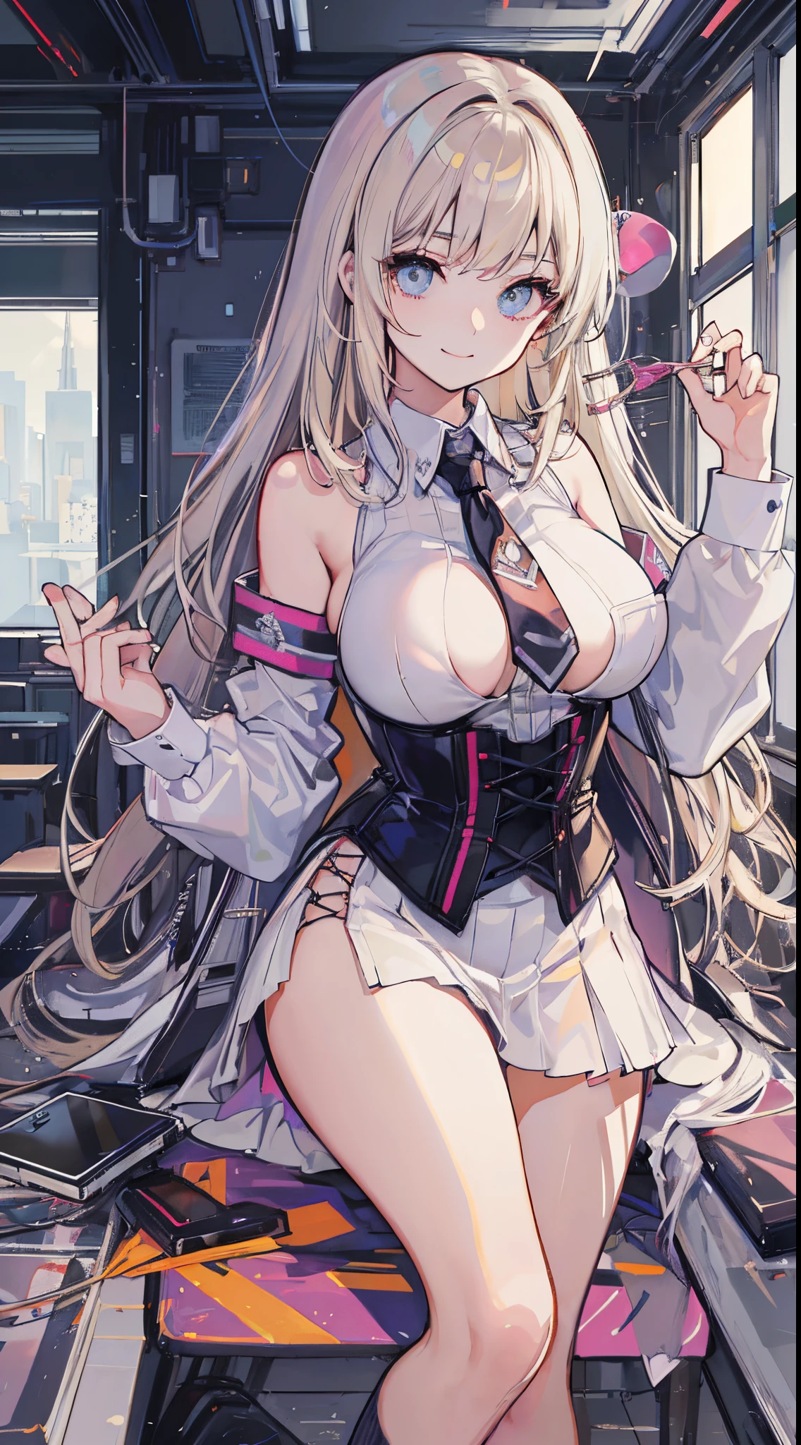 top-quality、realistic touch,high-detail、photoRealstic、High class、Long body、captive beauty、big eye、Strong platinum blonde eyelashes、platinum-blonde、full body Esbian、Sparkling eyes、Submissive smile、Flushed cheeks、Kamimei、thin-waist、Voluptuous thighs、Enraptured look、Raked bangs、The forehead is protruding、sleeveless、High school students in uniform 、The skirt is very short and transparent、No cleavage exposed、fuge sideboob、high school uniform with tie、A corset that emphasizes your breasts、Inside a futuristic classroom、 armband、