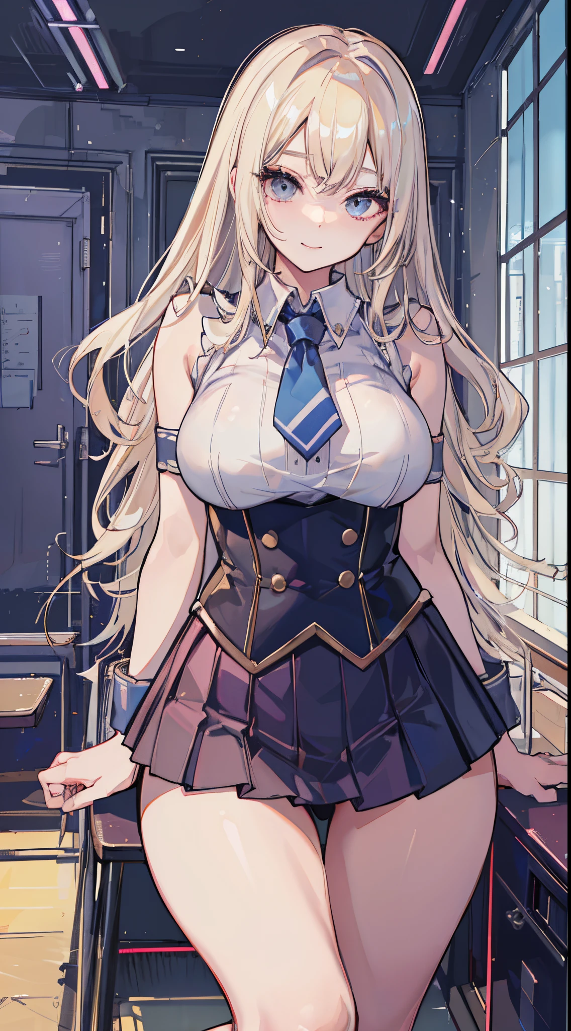 top-quality、realistic touch,high-detail、photoRealstic、High class、Long body、captive beauty、big eye、Strong platinum blonde eyelashes、platinum-blonde、full body Esbian、Sparkling eyes、Submissive smile、Flushed cheeks、Kamimei、thin-waist、Voluptuous thighs、Enraptured look、Raked bangs、The forehead is protruding、sleeveless、High school students in uniform 、The skirt is very short and transparent、No cleavage exposed、fuge sideboob、high school uniform with tie、A corset that emphasizes your breasts、Inside a futuristic classroom、 armband、