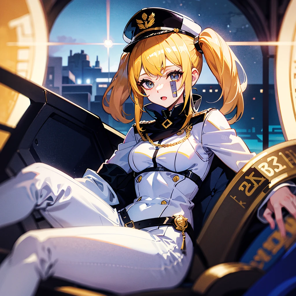 (((masterpiece)))、(((Top image quality)))、(((top-quality)))、(Illustration of one woman)、full bodyesbian、30-years old、(((neuter)))、((Blonde twintails))、Light golden eyes、((Tall))、(((Muscular and strong body)))、(((Split abs)))、(((muscular and thick arms)))、(((muscular and thick legs)))、(((manspreading)))、opening legs、((Military uniforms))、((Military Cap))、((Military coat))、(white clothes)、(White pants)、(White cap)、trench coat、((Inside the spaceship、Sitting in the captain's seat))、(Outside the window、Earth seen from space)