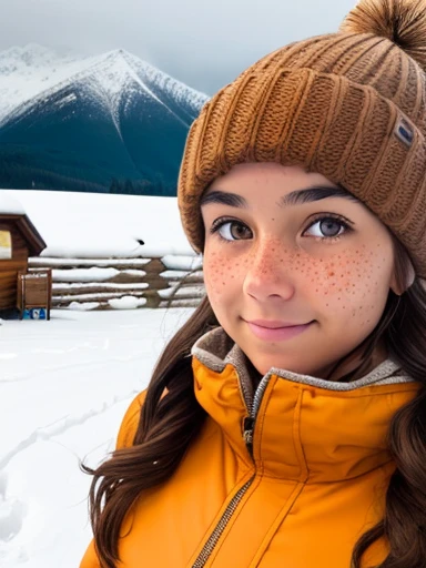 1girl. Tan skin, freckles on nose, freckles on cheeks, dark brown hair, wavy hair, hair braid, beanie, pregnant, light jacket, snow, full body, wide angle, mountain cabin