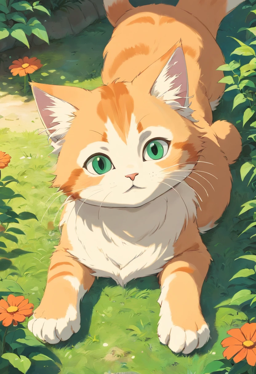 The kitten is lying down with its paws together