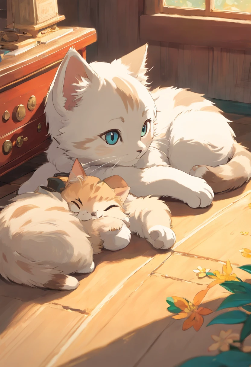 The kitten is lying down with its paws together
