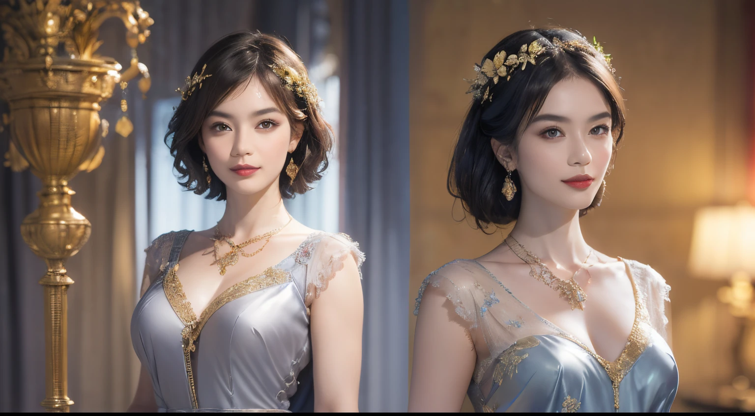 121
(a 20 yo woman,is standing), (A hyper-realistic), (high-level image quality), ((beautiful hairstyle 46)), ((short-hair)), (Gentle smile), (breasted:1.1), (lipsticks), (florals), (Luxurious room), (Depth of field is deep), (escher'Mysterious picture)