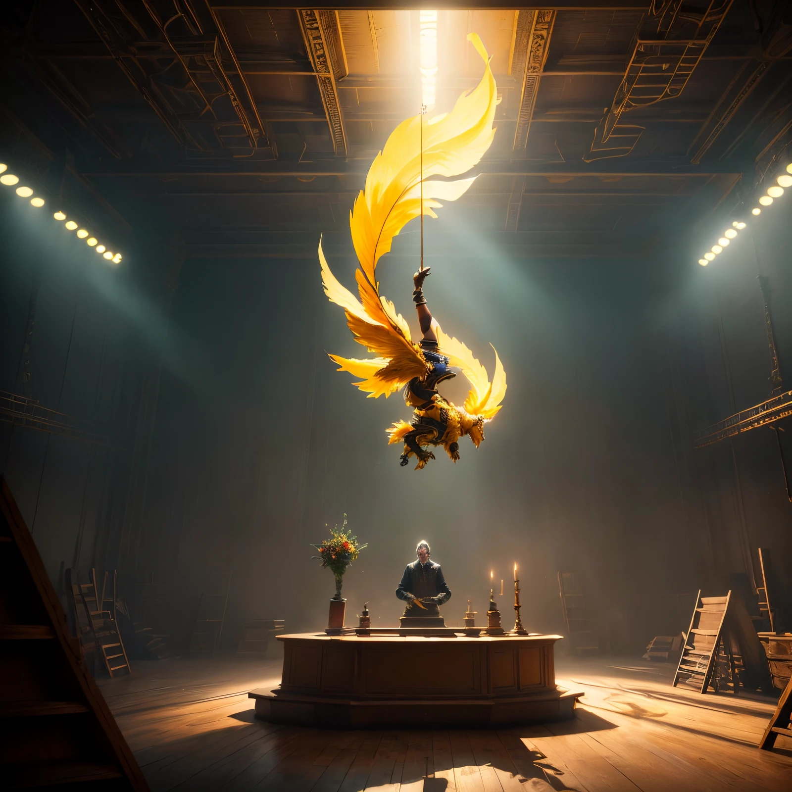 a Shakespeare stage play, yellow mist, atmospheric, set design by Michel Crête, Aerial acrobatics design by André Simard, hyperrealistic, 4K, Octane render, unreal engine, –ar 9:16 –uplight