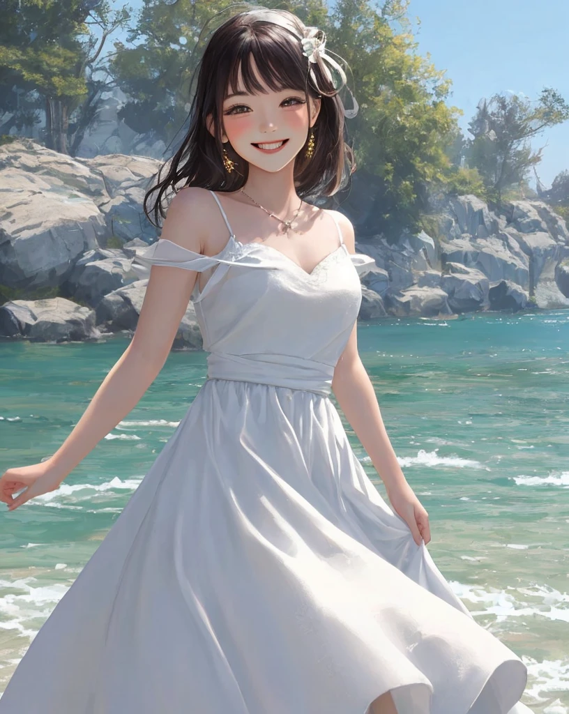 Beautiful girl in a white dress smiling