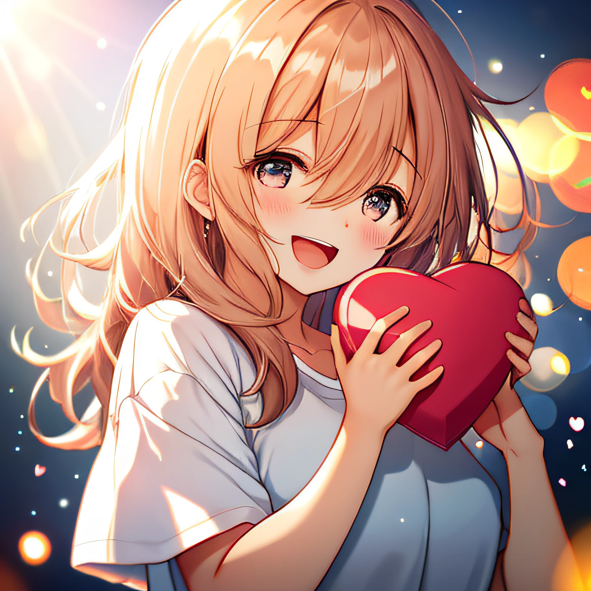 girl with, Wear a comfortable, loose-fitting T-shirt, Upper body, (laughingly: 1.1), (Open mouth: 1.1), (Open eyes: 1.2), Bright light, Background bokeh, depth of fields, Blurred background, light Particle, strong breeze, (Heart particles: 1.1)