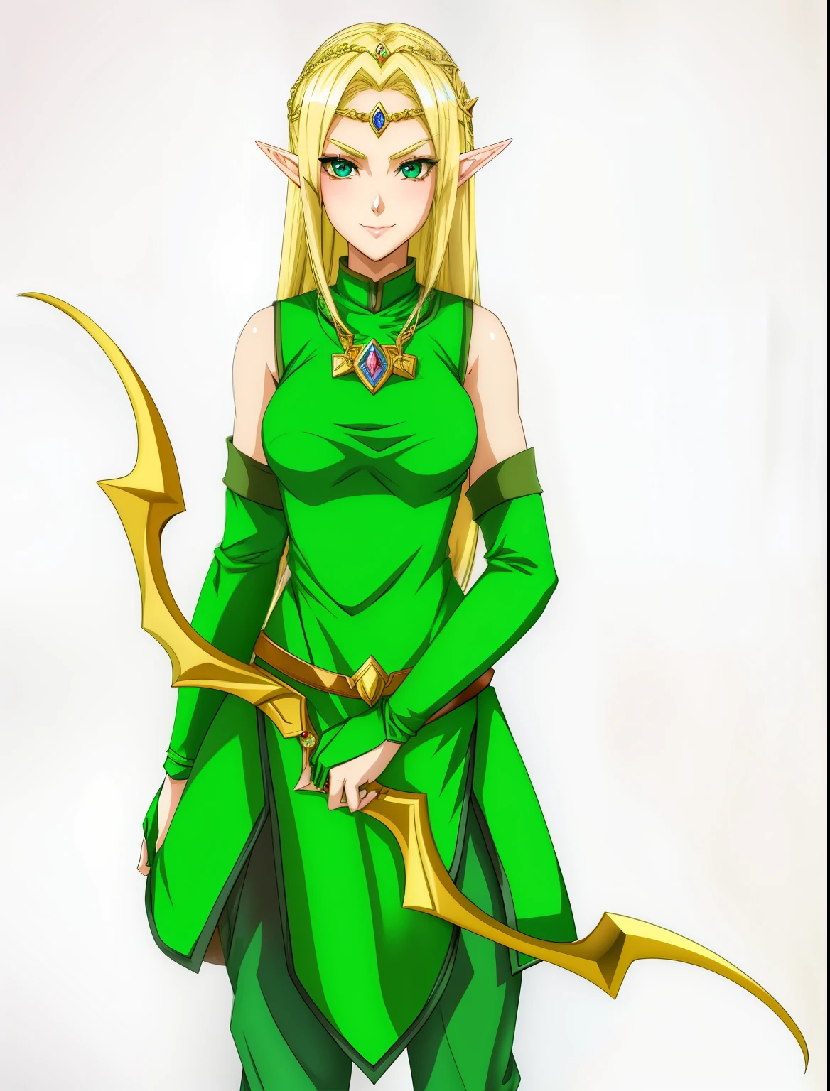 Anime sharp ear with blonde hair and green eyes with pendant on her forehead, elven character with smirk, elf girl, elf princess, elven princess, (((mad))) elf princess, centered elven, female elf, elven, beautiful and elegant female elf, an elf queen, beautiful elven princess, female elfling, portrait of an elf queen, a middle aged elf