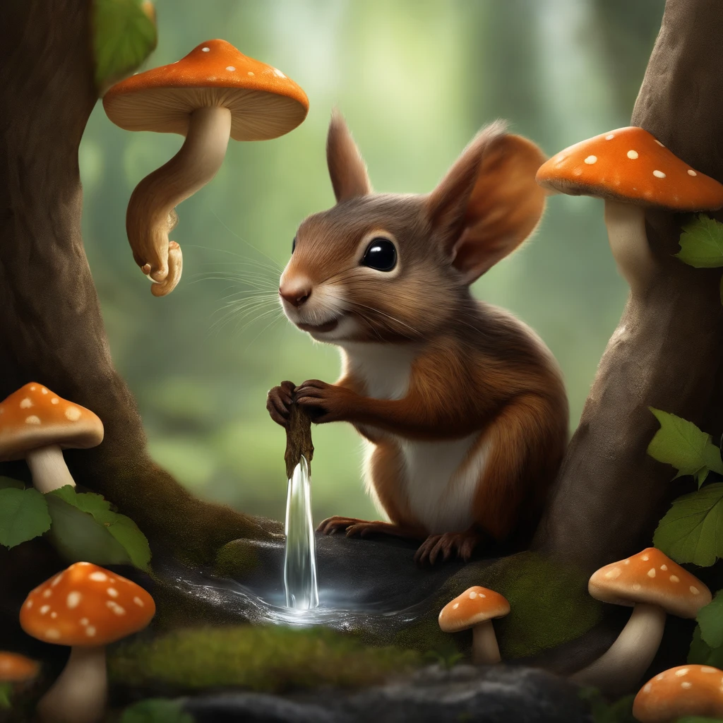 gremlin, squirrel-like, bright silver and brown, long tail, large ears, covered with silver fur, holding an acorn in his paws, water, Burrow, tree roots stick out from the walls in the hole,  mushrooms sticking out of the ground, Best Quality, Masterpiece, in style of dark fantasy art,