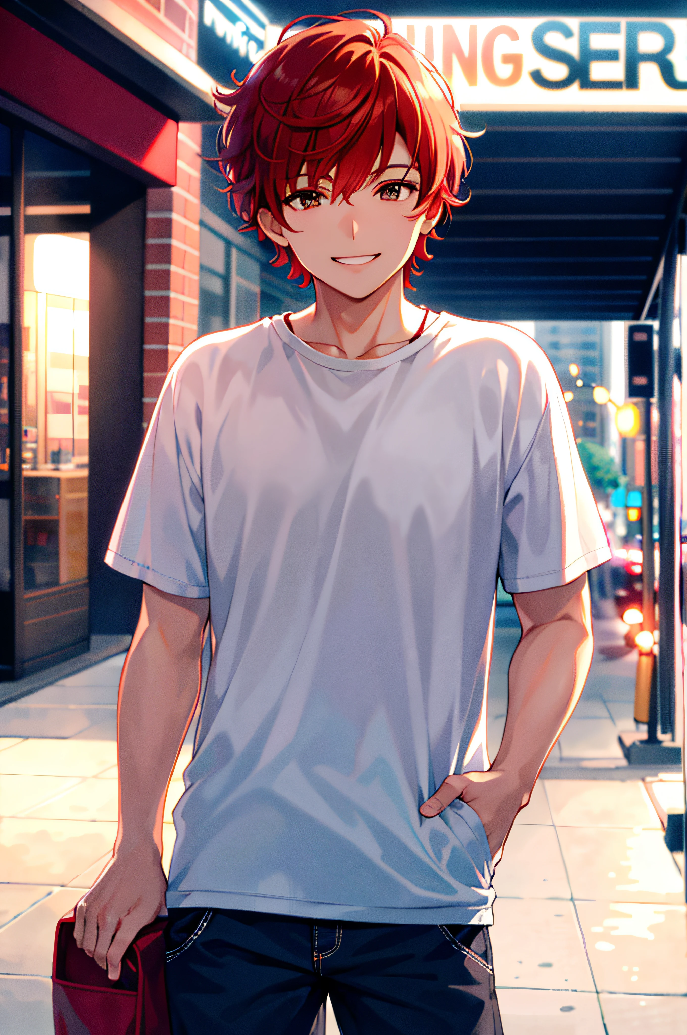 (Best Quality), Ultra-detailed, floating, (morning downtown) Cowboy Shot, (1 male) With a friendly smile, (Red hair) curly short hair, (dark brown eyes) Look straight at the viewer, Please wear comfortable casual clothing, Mottled lighting