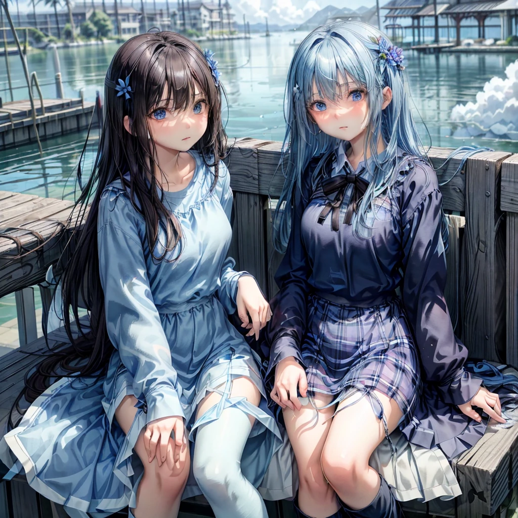 Blue-haired、blue eyess、one good looking girl、animesque、lightly dressed、Plaid miniskirt、flower petals、bare-legged、wetting hair、Black T-shirt、sitting on、sea of clouds