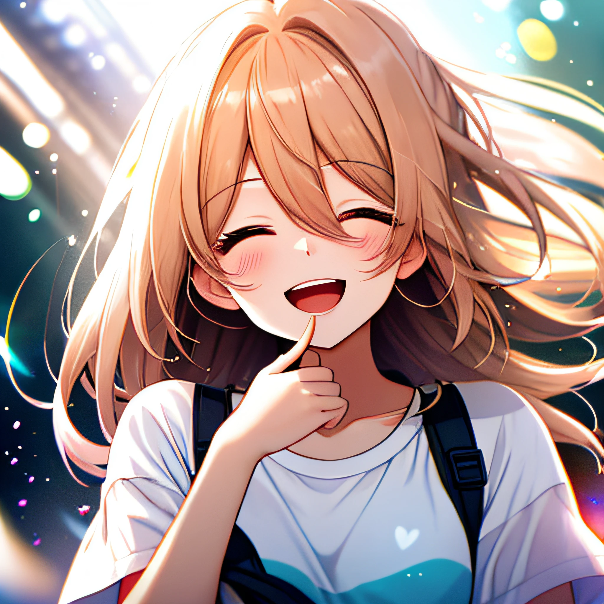 girl with, Wear a comfortable, loose-fitting T-shirt, Upper body, (laughingly: 1.1), (Open mouth: 1.1), (Open eyes: 1.2), Bright light, Background bokeh, depth of fields, Blurred background, light Particle, strong breeze, (Heart particles: 1.1)