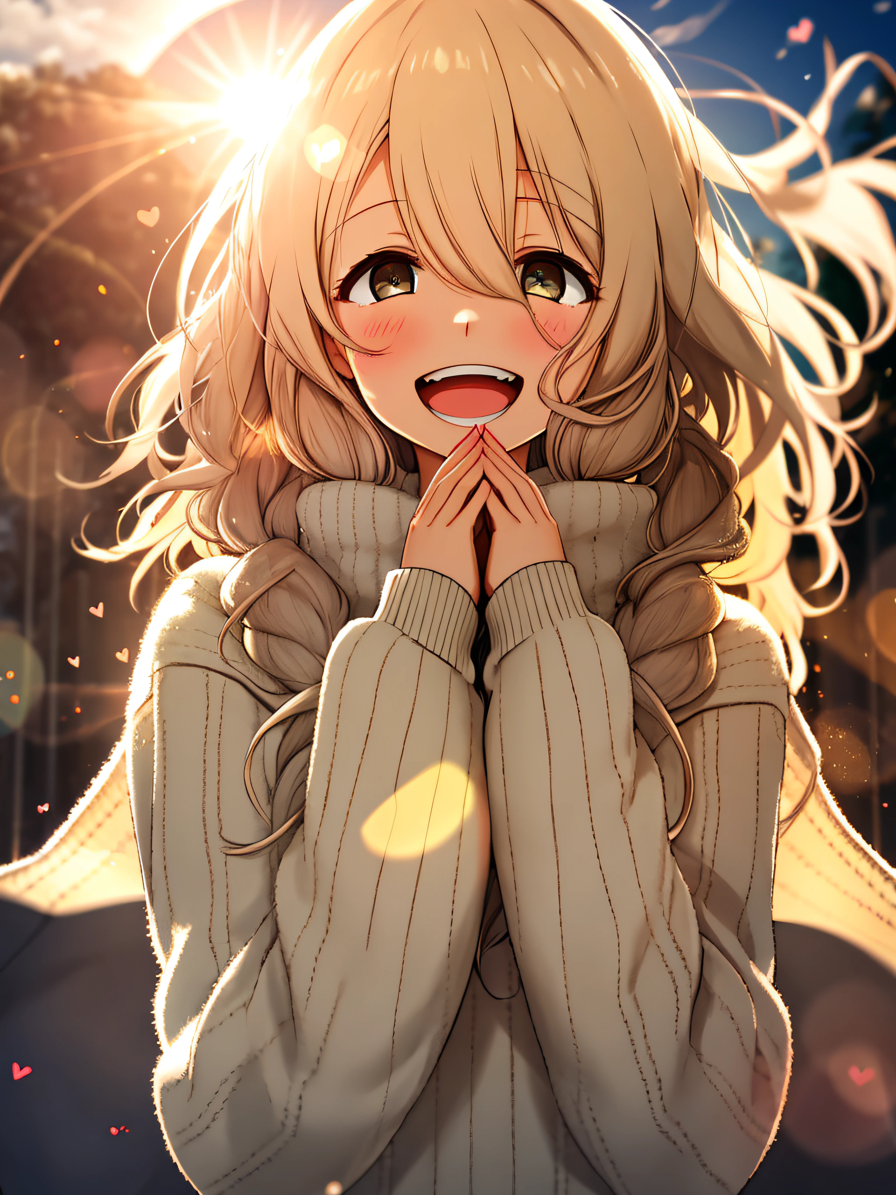 a girl, cosy sweater on, upper body, (huge Laughing:1.1), (open mouth:1.1), (wide open eyes:1.2), sun glare, bokeh, depth of field, blurry background, light particles, strong wind, (heart particles:1.1)