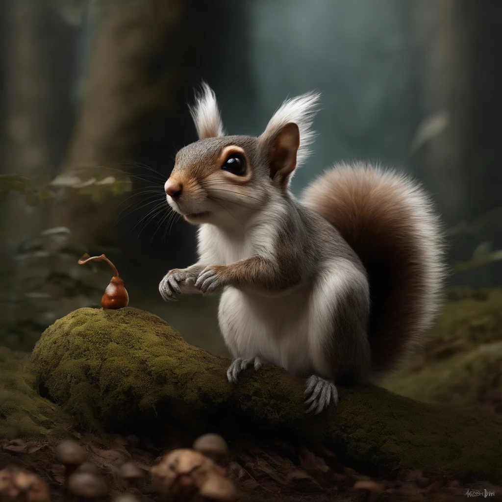 gremlin, squirrel-like, bright silver and brown, Long fluffy tail, large ears, covered with silver fur, holding an acorn in his paws, water, Burrow, tree roots stick out from the walls in the hole,  mushrooms sticking out of the ground, Best Quality, Masterpiece, in style of dark fantasy art,