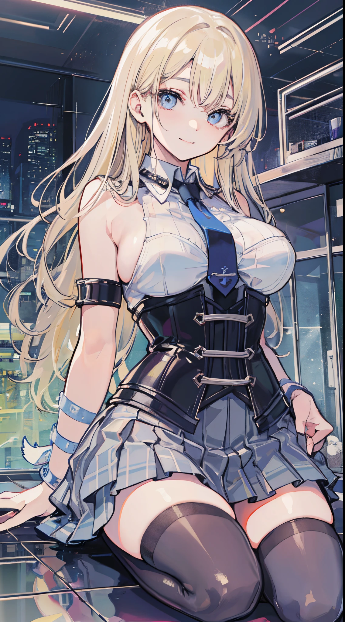 top-quality、realistic touch,high-detail、photoRealstic、High class、Long body、captive beauty、big eye、Strong platinum blonde eyelashes、platinum-blonde、full body Esbian、Sparkling eyes、Submissive smile、Flushed cheeks、Kamimei、thin-waist、Voluptuous thighs、Enraptured look、Raked bangs、The forehead is protruding、sleeveless、High school students in uniform 、The skirt is very short and transparent、No cleavage exposed、fuge sideboob、high school uniform with tie、A corset that emphasizes your breasts、Inside a futuristic classroom、 armband、Thighhighs