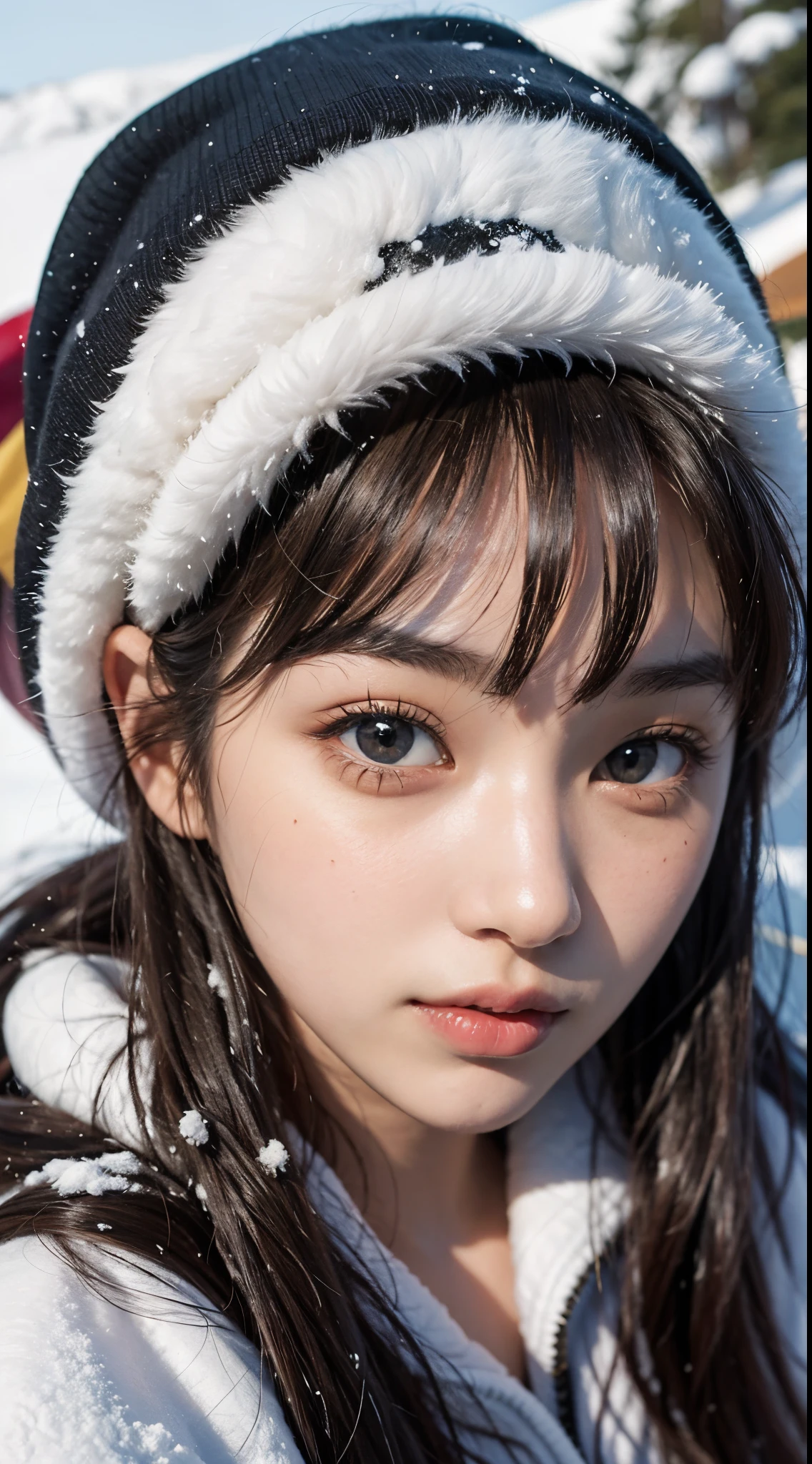 Beautiful woman、Kawaii Woman、About 20 years old、A detailed face、Detailed eyes、Detailed skin、detailed hairs、super realistic picture quality、An ultra-high picture quality、8K、Hokkaido、snowscape、inclined plane、take me skiing、Tomoyo Harada、Take off your sunglasses a little、Kamimei、