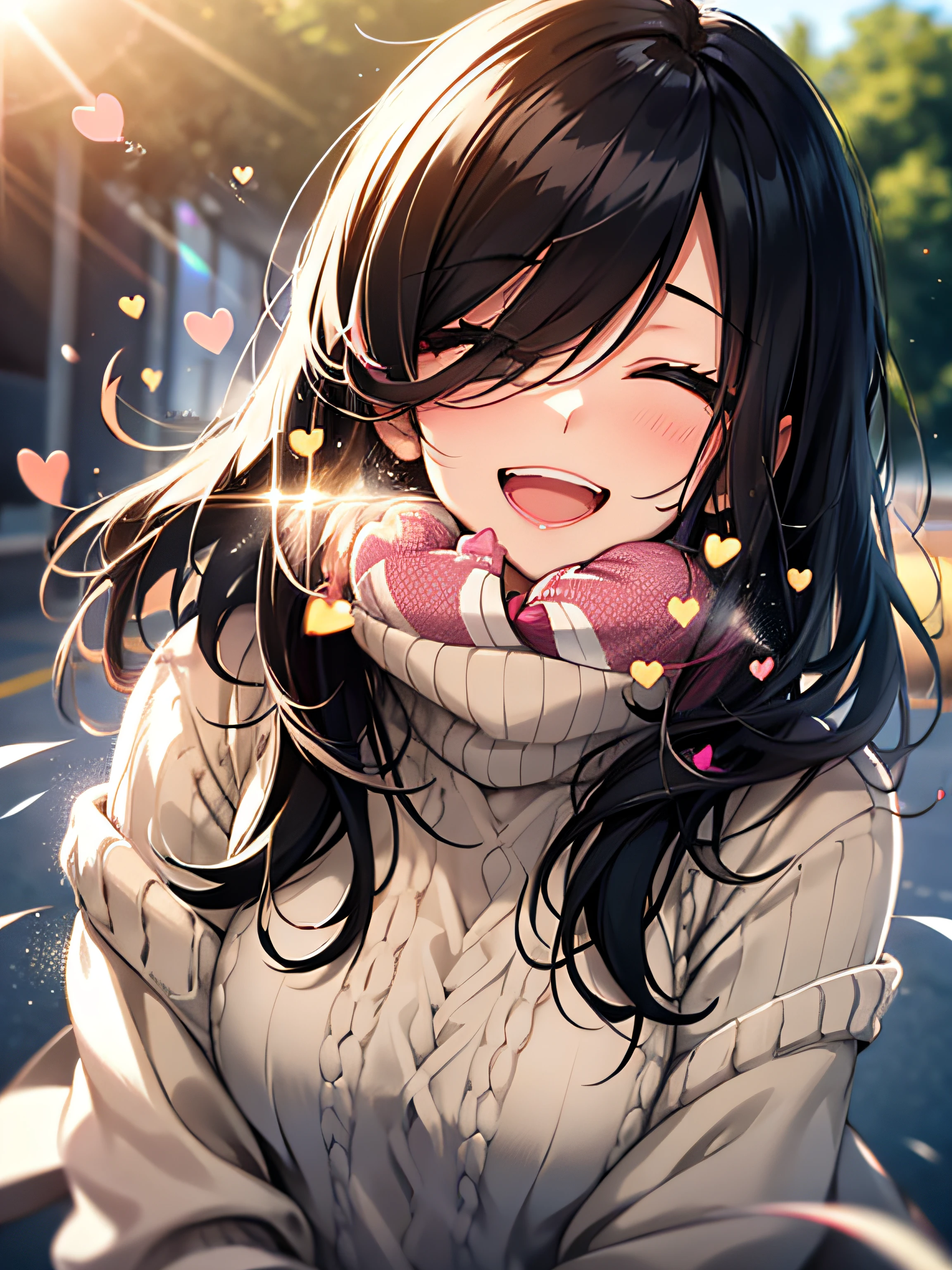girl with, Black hair, cosy sweater on, Upper body, (great laughter:1.1), (Open mouth:1.1), (Wide open eyes:1.2), Sun glare, Bokeh, depth of fields, Blurry background, light Particle, strong breeze, (Heart particles:1.1), 4K