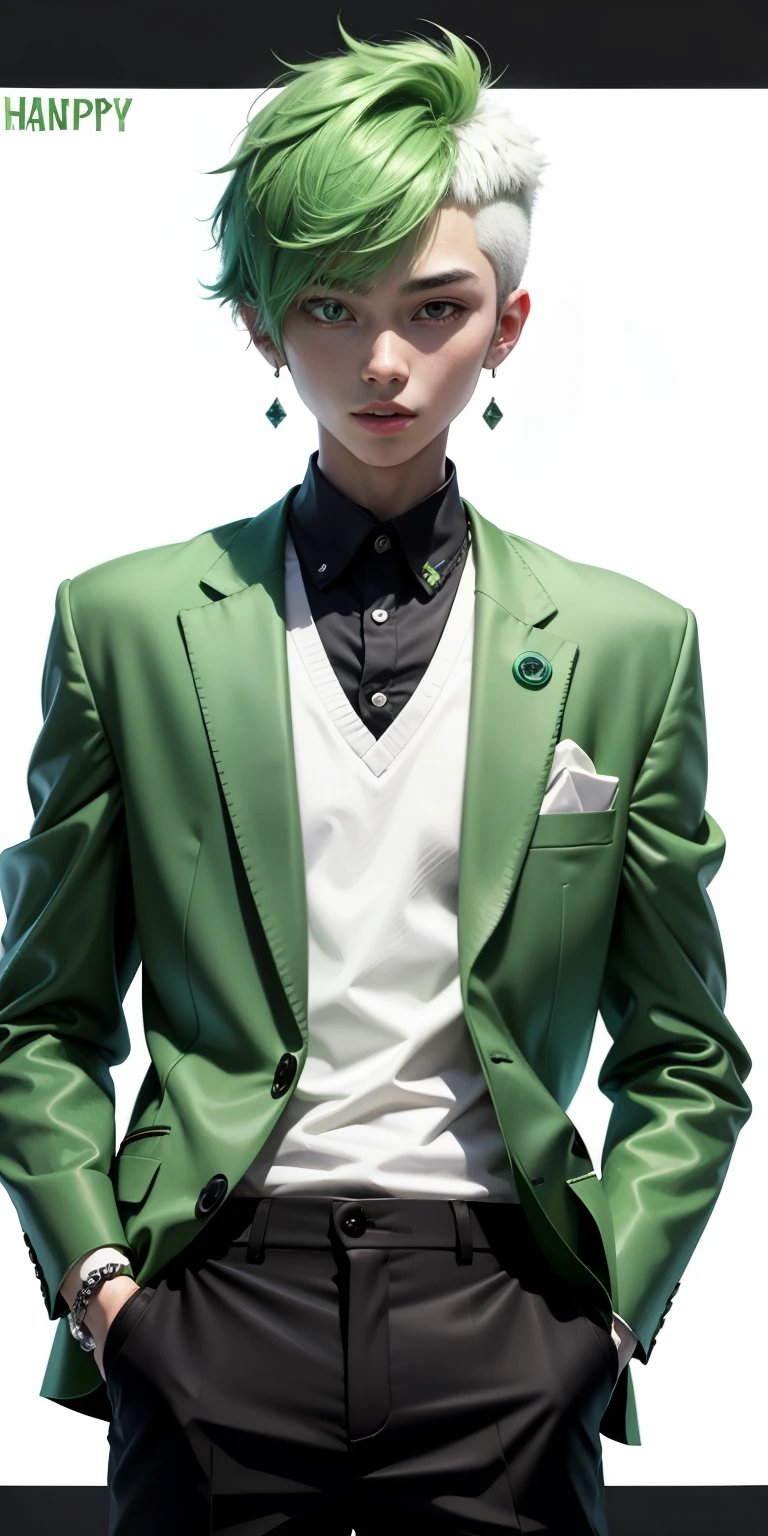 kpop teen boy with messy lime green fadecut hair, personality: prankster, happy, a green one-suit with a diamond, golfing attire of golfers