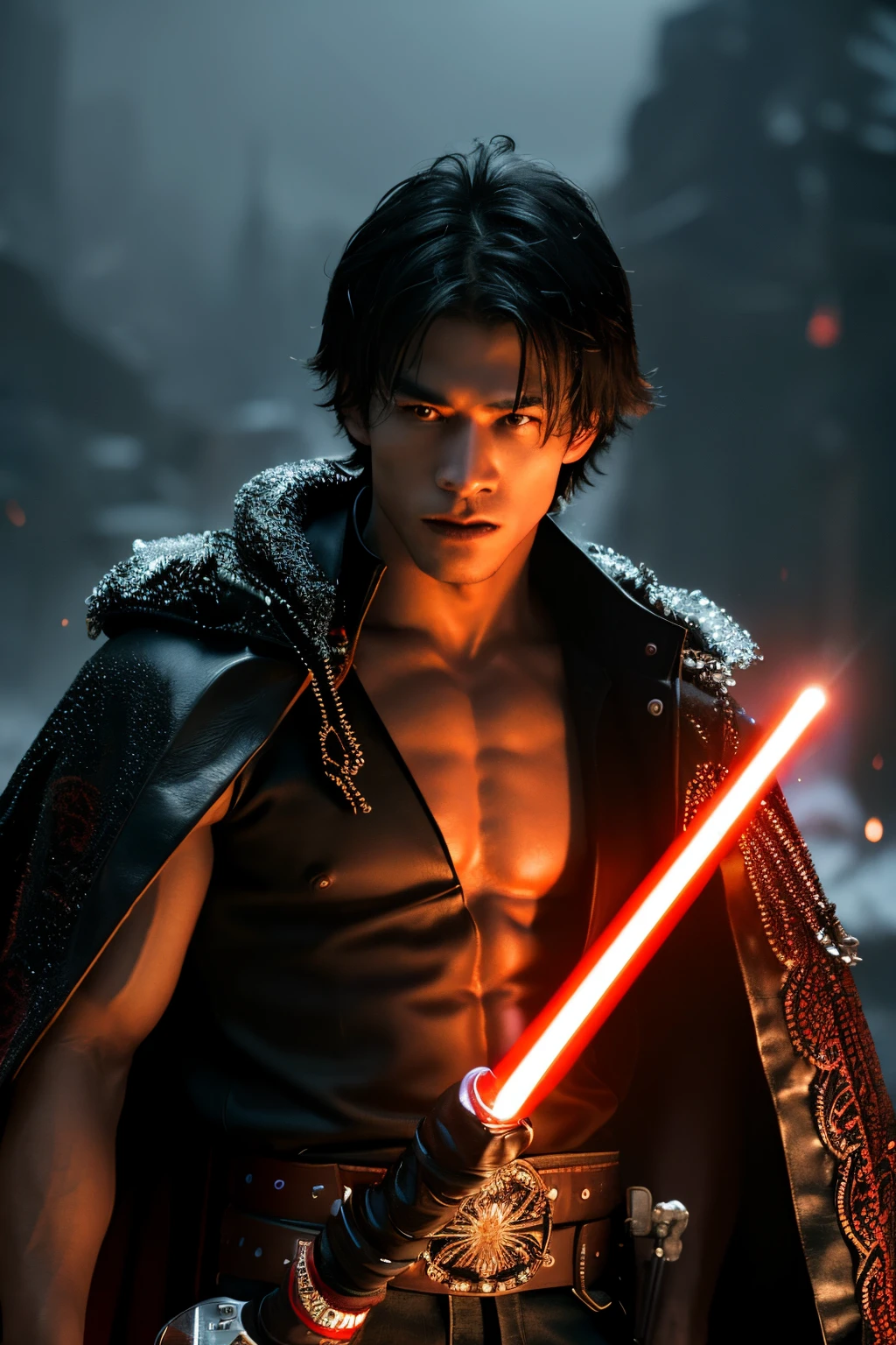(black and red theme:1.5), (cowboy shot:1.5), (1boy, handsome Thai:1.5), (muscular male:1.5), (18 years old), extremely detailed skin, (open clothes:1.4), ABS, (holding weapon:1.5) (light saber:1.4), (leather cloak:1.3), (leather armor:1.2), fingerless gloves, (battle field background:1.2), fighting Poses, high design (fashionable) stylish art, extreme detail irises, reflexive eyes retinas, detailed eyebrows, detailed eyelashes, fashion photo shooting, (multi-layers and multi-textures level:1.1), (perfectly detailed face:1.2), cinematic film still, extremely intricate details, exquisite body parts detailing, extremely detailed environment, maximalism in detail, fire particles, sub surface scattering, (Low Key:1.2), (in the Dark:1.2), (Dark Scene:1.5), Tyndall effect, volumetric light, blending saturation, noise reduction, visual compositional balancing, extremely exquisite detailed, hyper detailed, extremely high resolution, dramatic cinematic light, (ultra-wide angle fantasy world background)
