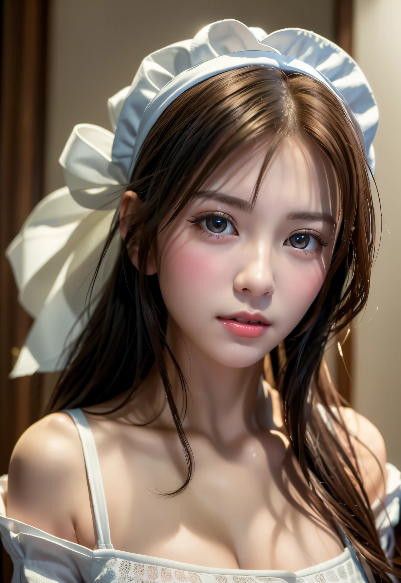 8K, of the highest quality, masutepiece:1.2), (Realistic, Photorealsitic:1.37), of the highest quality, masutepiece, Beautiful young woman, Pensive expression,、A charming、and an inviting look, Cute Maid Clothes, Hair tied back, Cinematic background, Light skin tone