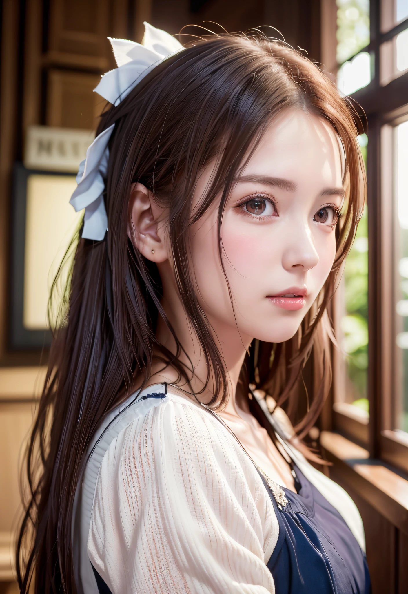 8K, of the highest quality, masutepiece:1.2), (Realistic, Photorealsitic:1.37), of the highest quality, masutepiece, Beautiful young woman, Pensive expression,、A charming、and an inviting look, Cute Maid Clothes, Hair tied back, Cinematic background, Light skin tone