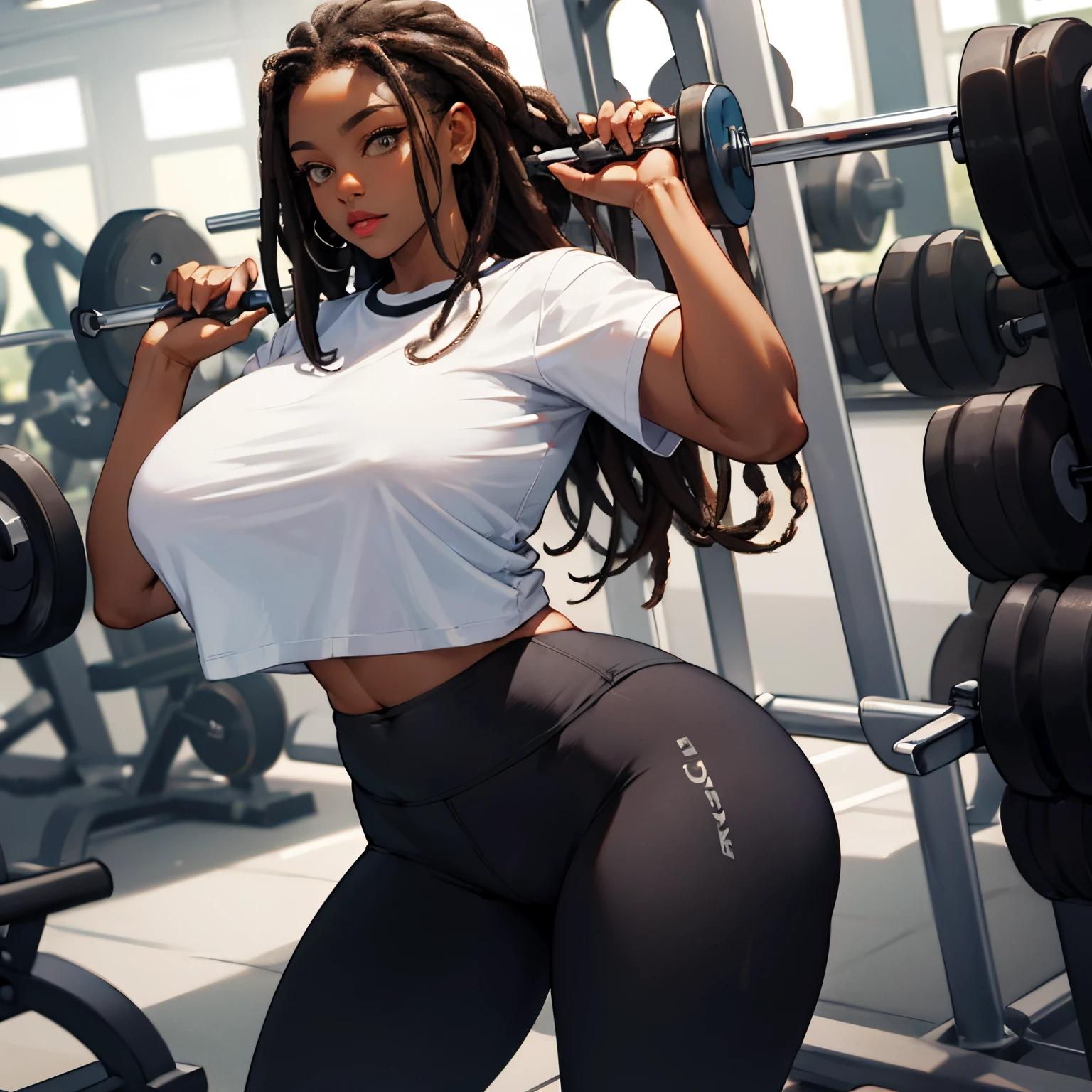 dark-skinned female, gym., poitrine, gros seins, voluptueux, thick thighs, Oppai, hanches larges, Sinueuse, gros cul, cul massif, dreadlocks, yoga pants, white t-shirt