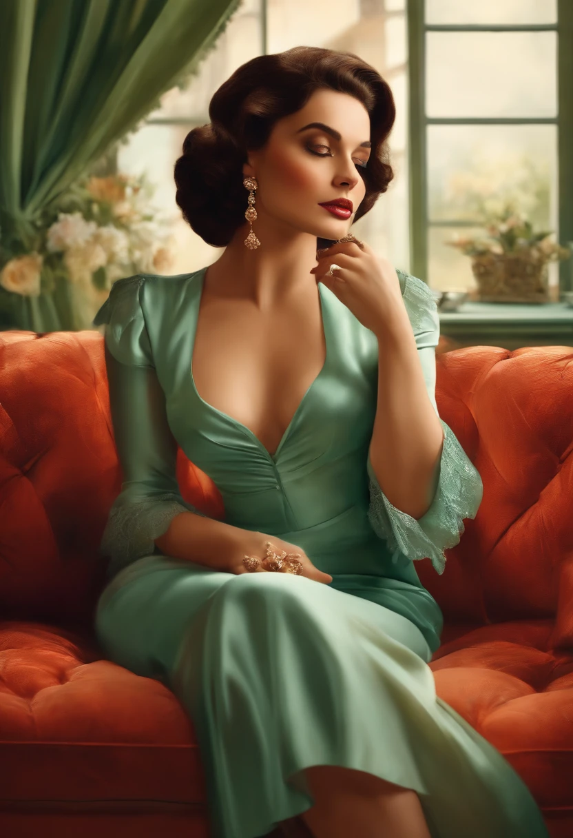Woman sitting on sofa,speak confidently