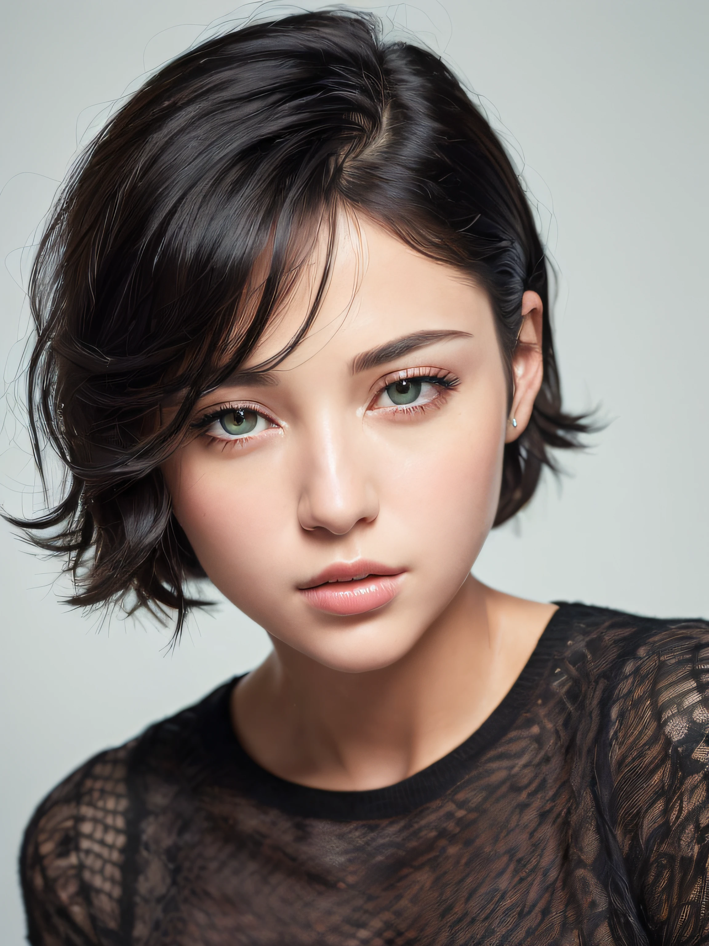 (masterpiece:1.3), (8k, photorealistic, RAW photo, best quality: 1.4), (1girl), beautiful face, (realistic face), (black hair, short hair:1.3), beautiful hairstyle, realistic eyes, beautiful detailed eyes, (realistic skin), beautiful skin, (sweater), absurdres, attractive, ultra high res, ultra realistic, highly detailed, golden ratio