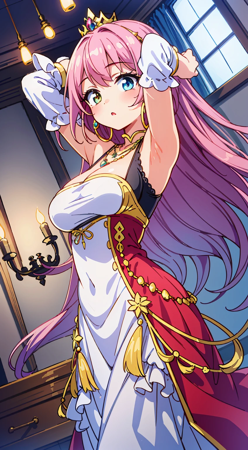 (Cute illustration:1,2),(Absurd realistic structure details),(High resolution complex and detailed text quality),(High-resolution microstructure、High poly 3 boobs boobs boobs boobs boobs boobs boobs boobs D rendering correction),Methods of geometry,Careful explanatory anatomy,
BREAK,
1 beautiful girl, ( girl),Solo,(Cute:1.5),(Chibi:0.6),(kawaii:1.5),(Lori:0.5),BREAK,(17 years oldautiful girl,Very detailed,colourfull,highest details,Clear skin,Beautiful skin,Shy,Very detailed,colourfull,highest details,BREAK,Clear skin,Beautiful skin,Shy skin,BREAK,{Heterochromia,blue eyess,Green eyes,PUPILS SPARKLING:1.5},star eye silhouette,BREAK,(Pink hair, Medium length:1.4),(Twin braids,A little curly hair,Princess Cut, crossed bangs:1.3),(Big breasts,Beautiful breasts,Large breasts:1.5),(long eyelashes, Double eyelids:1.2),Solo,gleaming skin, Clear skin, Beautiful skin,(best quality face),(Top quality glowing eyes),(Doya face,brave face:1.45),BREAK (Princess), (((Elegant))), (queen jewel crown:1.3)goddess like,Golden lingerie, (Red Princess Dresses,hoop long skirt:1.6),(princess fantasy jewelry dress, Layered sleeves,Jewelry Necklaces,Ruby Earrings:1.5),Naughty makeup BREAK,(early evening),is standing, (raise both arm,Show the armpits:1.55),((Kamimei)),From above, high - angle view, White table, tea cup, urgent, golden gift box, (medieval fantasy jewel castle,window,Salon,speech,jewelry chandelier:1.3),(Indoors),Winters,Waterfall,depth of fields, ,The outstretched arm BREAK,wakame,wakame,wakame,(Dynamic Angle:1.4),
BREAK,(Blurry background:1.3),(absurderes, hight resolution, Super Detail Art),cel shading,Clear Color, Lonely optical effect, Beautiful pictures, Bright glow, mystic atmosphere,(Close-up of girl:1.1), Mystical light particle effect,manga influence, clean line drawings,