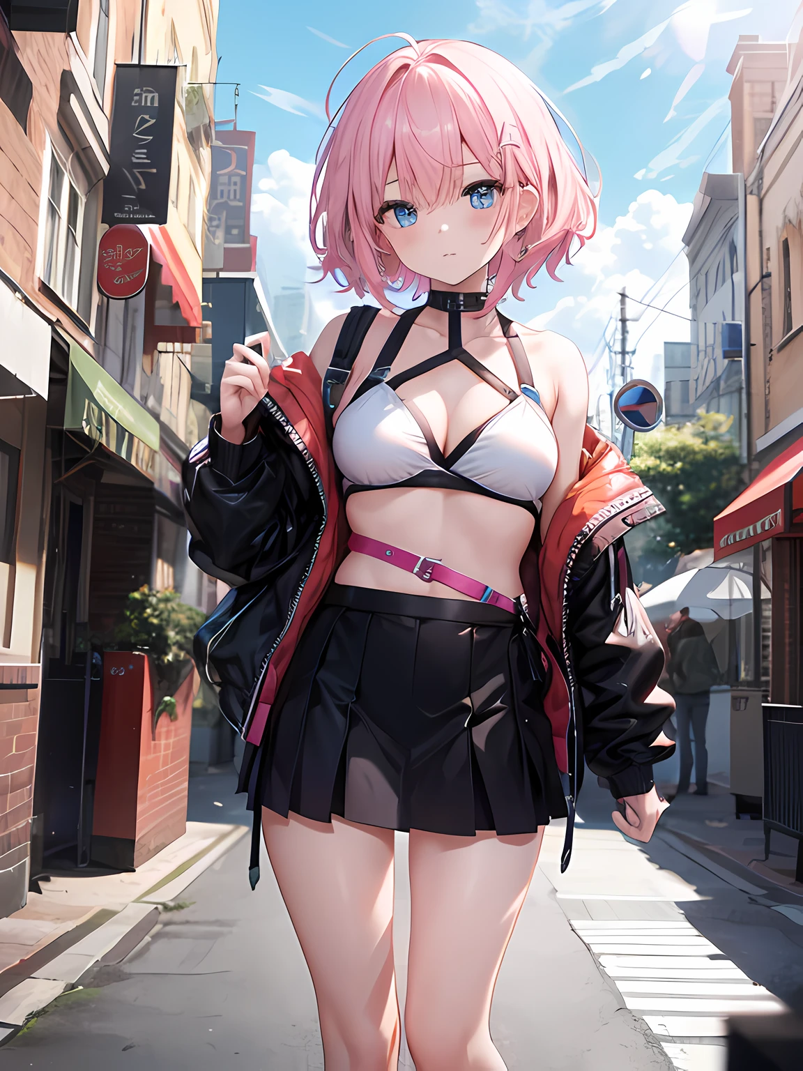 1girl, short pink hair, blue eyes, wearing bikini, short skirt, city, absurdres, high res, ultrasharp, 8K, masterpiece, looking at viewer