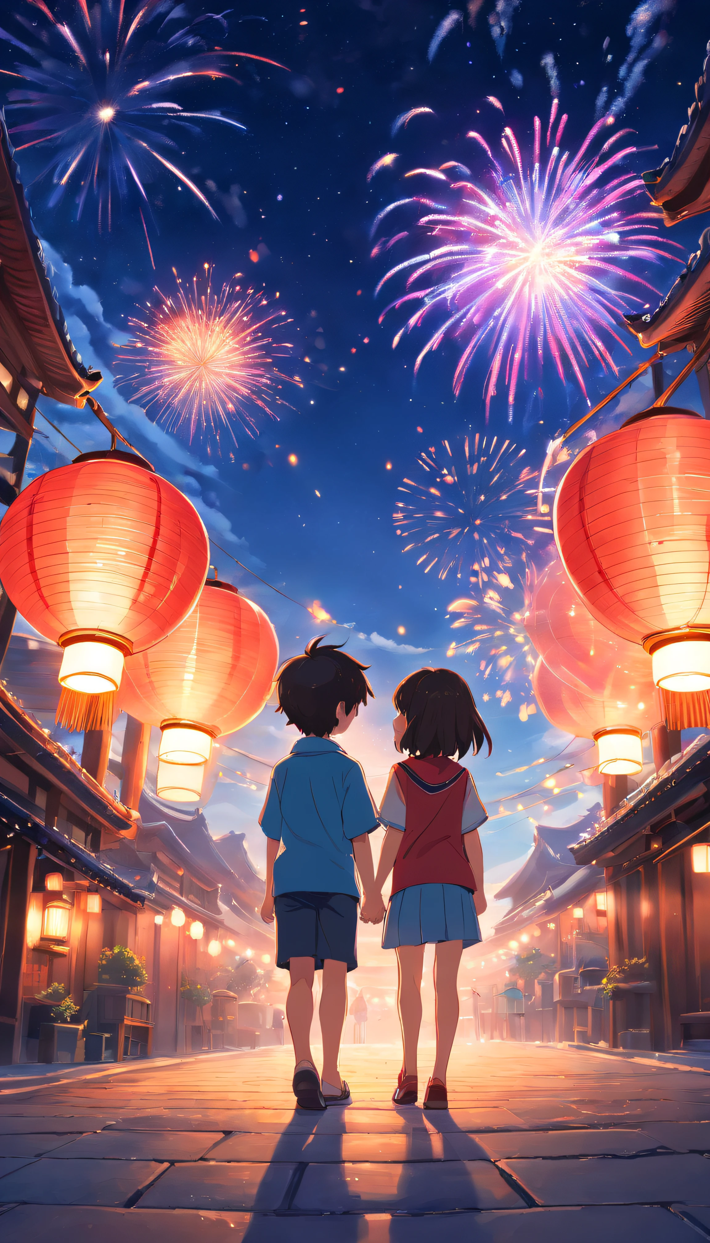 Little boy and little girl,Hand in hand,Look at the Kong Ming lantern in front of you,and the starry sky,Fireworks decorate,What love looks like,Anime feeling
