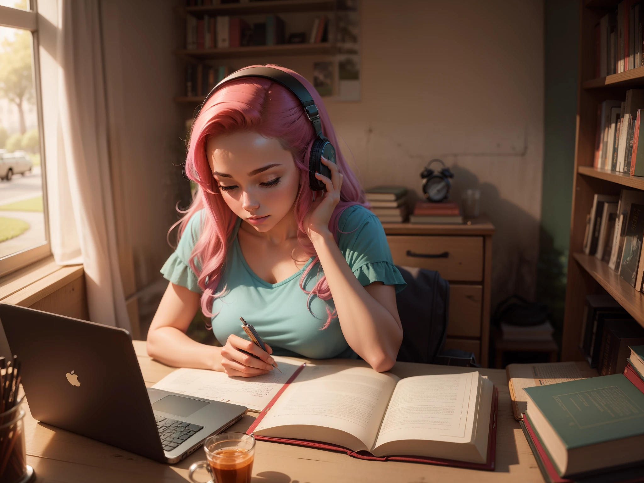 an image of a woman studying lofi style in a park with grass and trees, with book in hand.