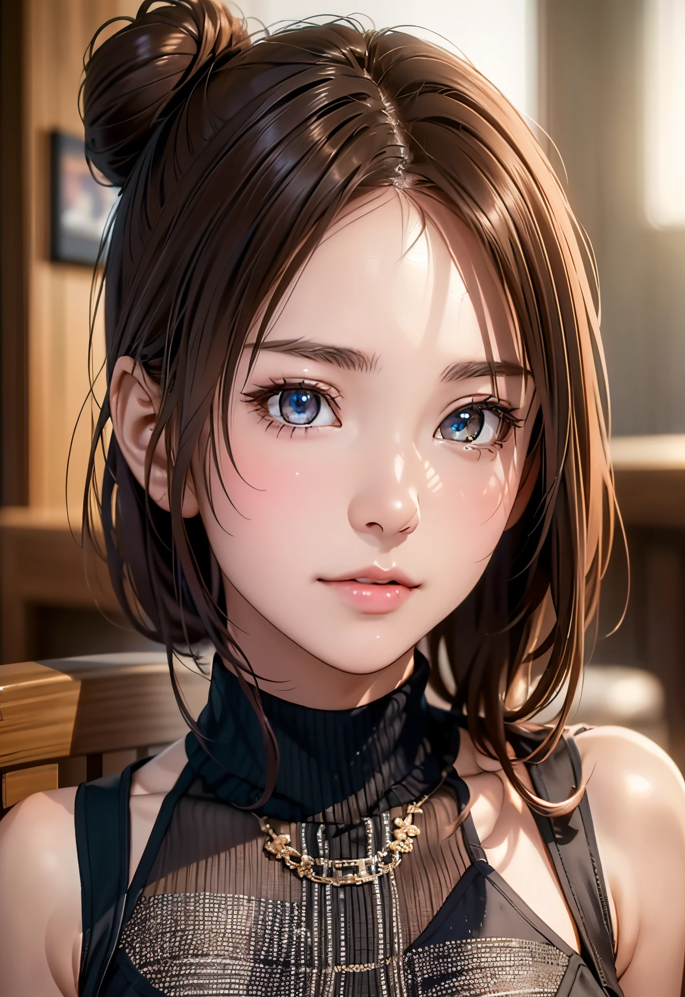8K,Best Quality, masutepiece, 超A high resolution, (Photorealistic:1.4), Raw photo, (Authentic skin texture:1.3), (Film grain:1.3), (Selfie angle),1girl in, Bun hairstyle, Brown hair, Sitting, Chair, bored, Hand supporting chin, beautiful detailed eyes and face,masutepiece, Best Quality,close-up,upper bod,