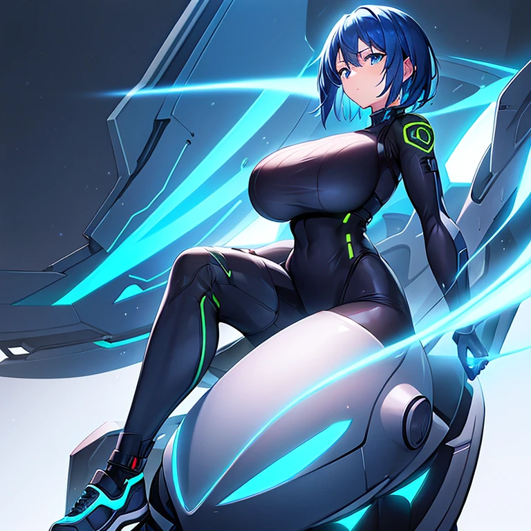 1girl, wide hips, large breasts, wide hips, blue hair, short hair, very short hair, blue eyes, bodysuit, black bodysuit, futuristic, machinery, science-fiction, tech, shoes, sneakers, neon trim, blue neon trim