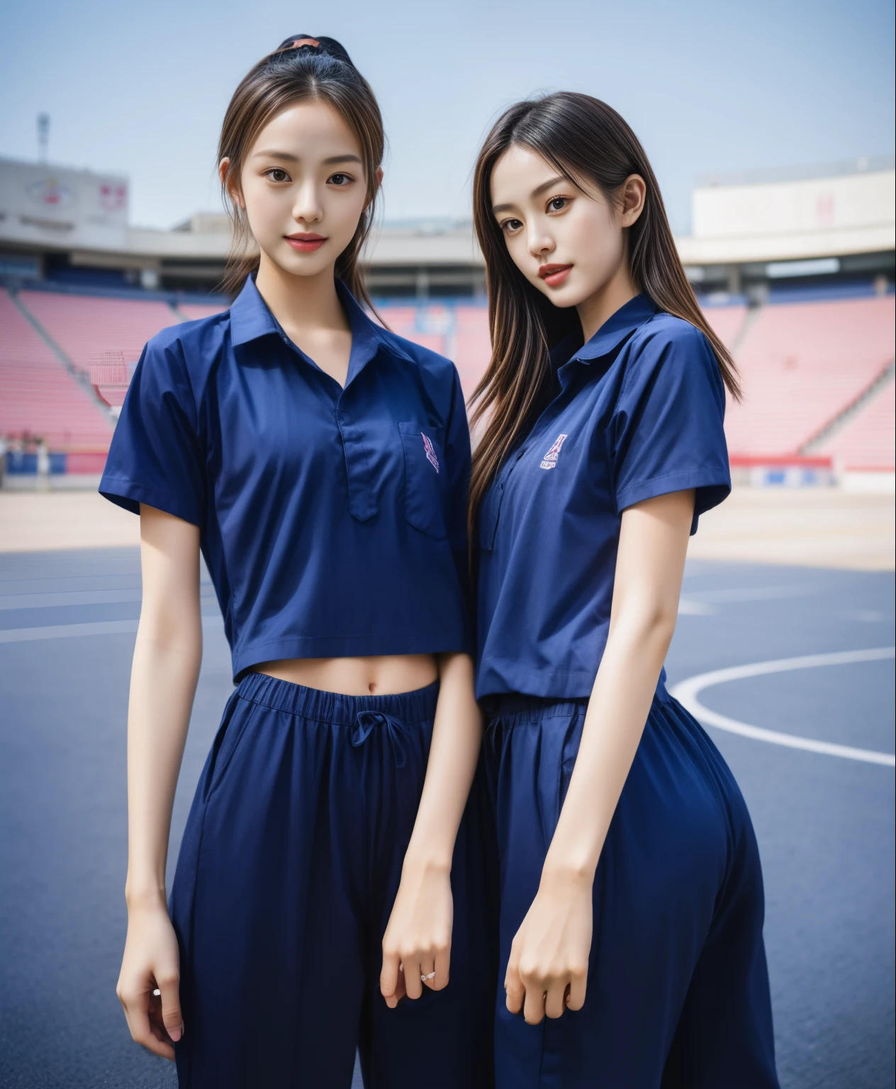 (bestquality,10,10,highres,masterpiece:1.2),ultra-detail,(Realistic,photorealistic portrait,photo-realistic:1.37),1 Cute girl in the football field,oily shiny skin,bara,light smile,BDclothes,((blue shirt:1.3)),short sleeves,shirt, trousers.,(navy_long_Pants Track:1.1), ((Stadium Background:1.3)),dynamic angle,excited,face focus,Dynamic Poses,from behide,Ass Focus,masterpiece, bestquality, ultra realistic, hyper-detail, 8k resolution, RAW photo, crisp focus, ((Navy blue shirt:1.1)), short sleeves, Long Path, Perfect body, 2 mature women, 18yo, cinematic light,Blue sweatpants,Gymware,Correct ???????,Complete body, Correct body, sharp face, Anatomically correct body, full entire body, Realistic gestures, long-haired, Realistic poses,Wear long shorts..........................,Long leg span,Shapely,Sculpting Girl, Slender Figure, mannequin mannequins, Shapely, Beautiful body,Blue sweatpants, Two girls kissing