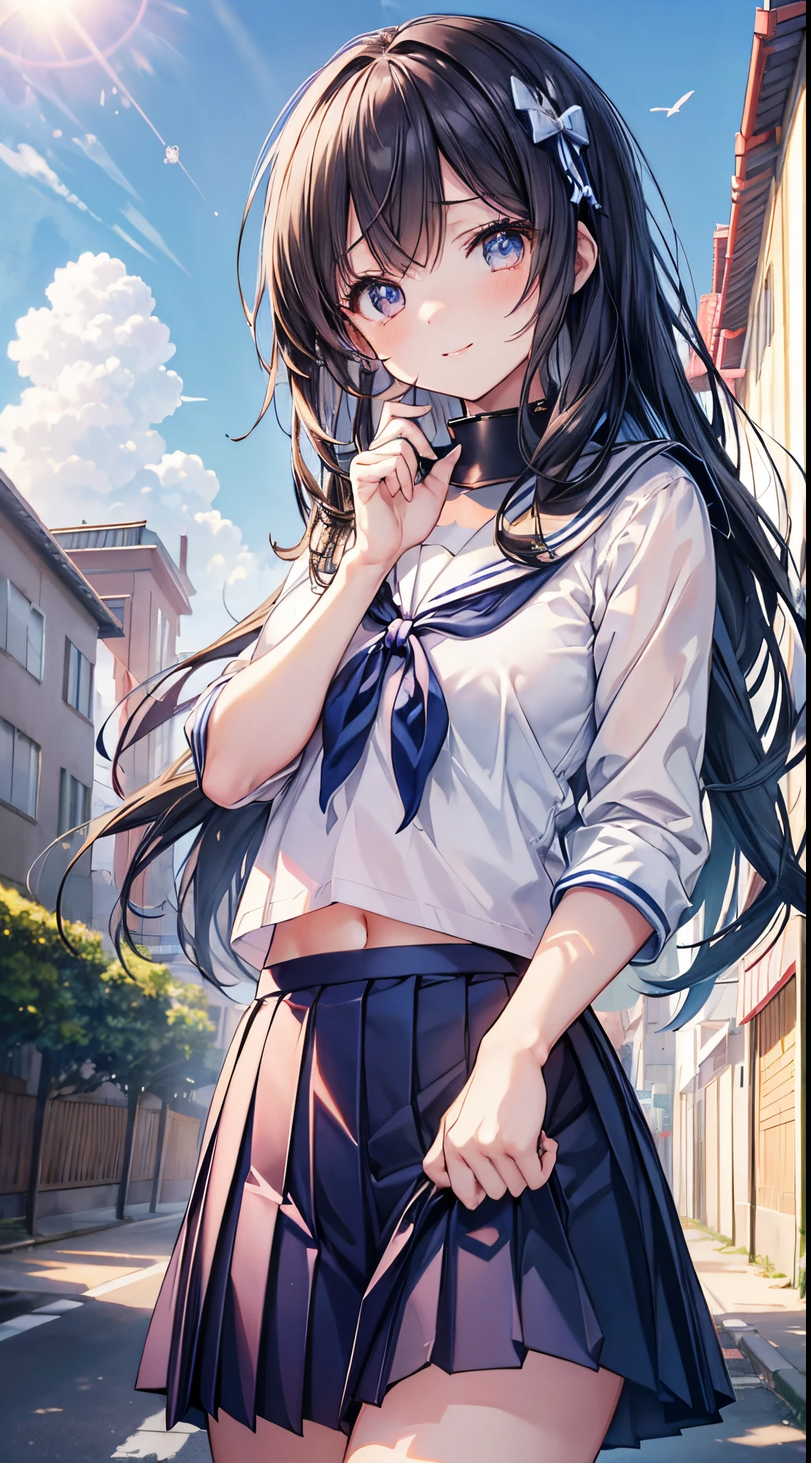 (masutepiece ,Best Quality,Insanely detailed), 1 Cute Pure Girl,Innocent smile,serafuku,Blue collar,Navy pleated skirt,From below,Blue sky,white clouds,Summer sunshine,detailed and beautiful eyes,Twinkle Eyes,Glossy lips,  Perfect Anatomy , Perfect five fingers,Attractive,amazing, The Ultra-Fine Age