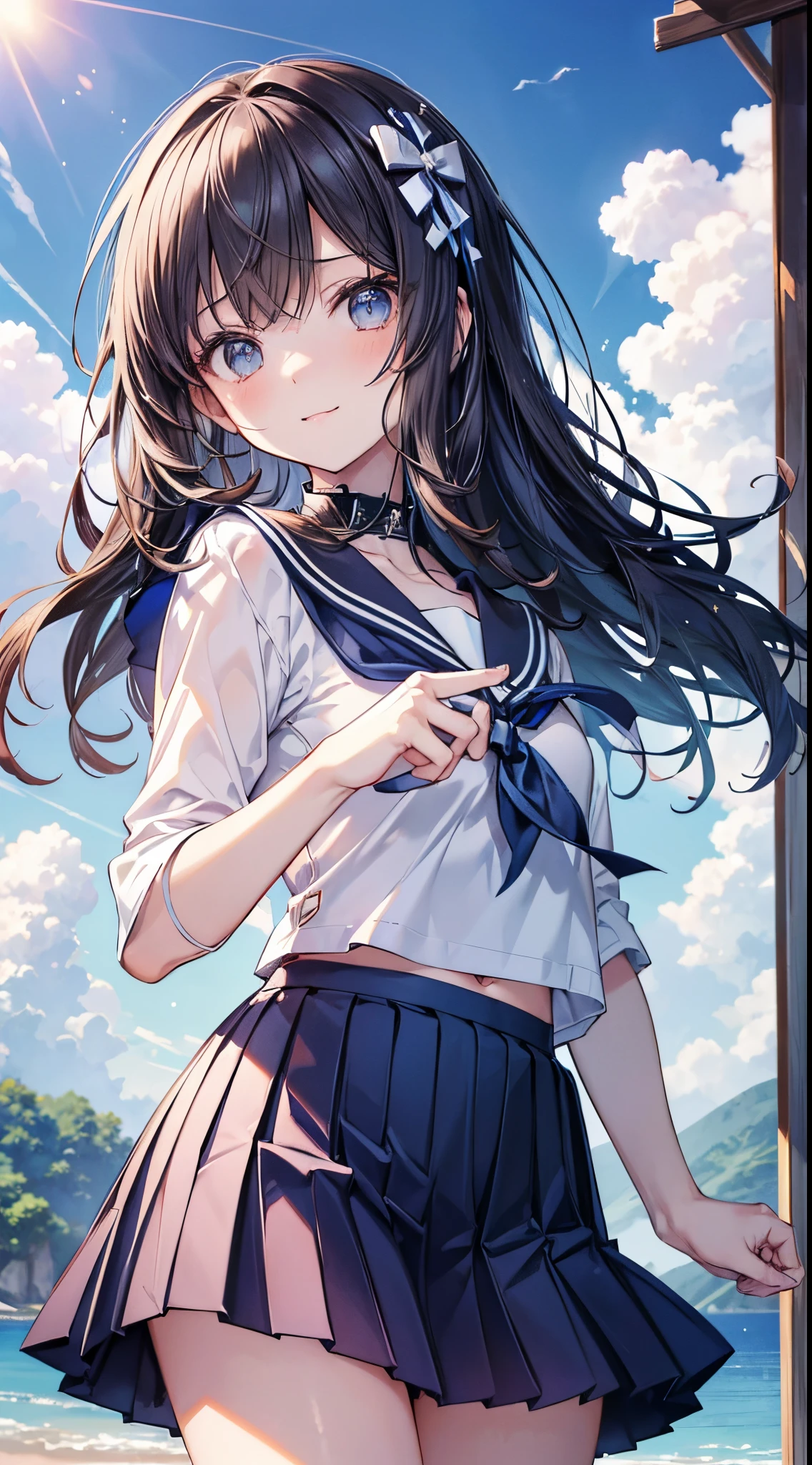 (masutepiece ,Best Quality,Insanely detailed), 1 Cute Pure Girl,Innocent smile,serafuku,Blue collar,Navy pleated skirt,From below,Blue sky,white clouds,Summer sunshine,detailed and beautiful eyes,Twinkle Eyes,Glossy lips,  Perfect Anatomy , Perfect five fingers,Attractive,amazing, The Ultra-Fine Age