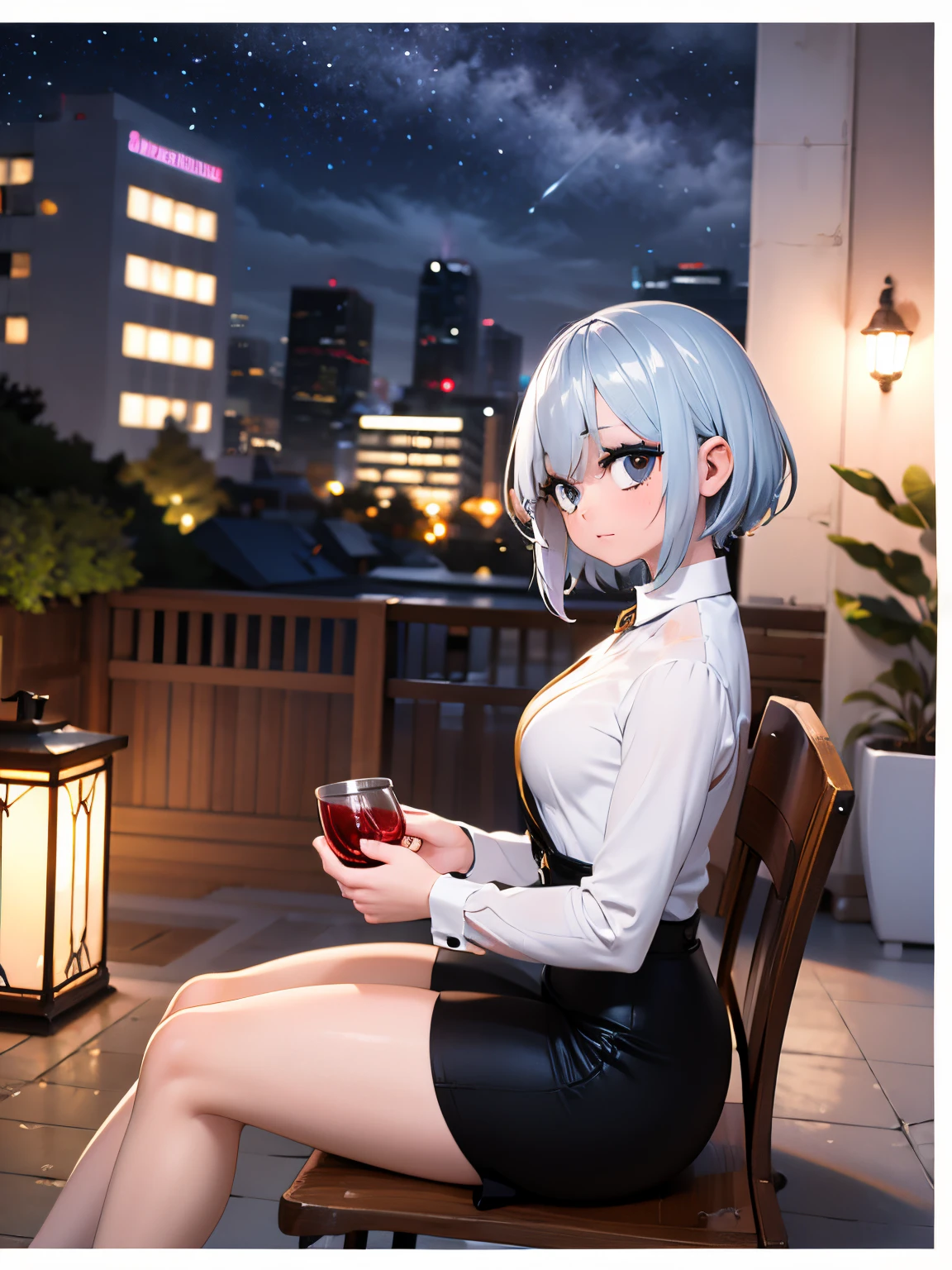 best quality, masterpiece, extremely detailed, detailed background, anime, 1girl, young girl, short girl, sci-fi, science fiction, outdoors, night, starry sky, greenhouse, megastructure, bio-dome, landscape, scenery, horizon, rooftop, sitting on rooftop, wind, looking away, atmospheric lighting, solo focus, close up, from side, depth of field, bokeh