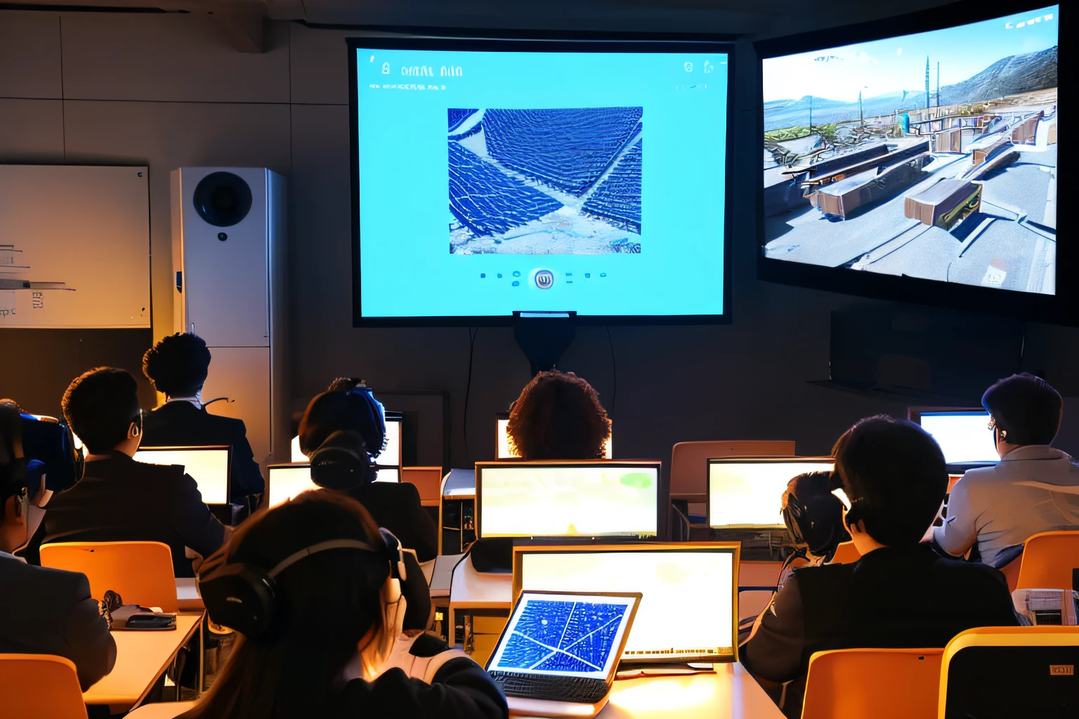 In the technology classroom，Students wear VR equipment to simulate operating photovoltaic power generation equipment，Large screen displays picture status in real time，The teacher and other students were watching，Metaverse space，Original，sense of science and technology，Alta Qualification Image，sense of science and technology