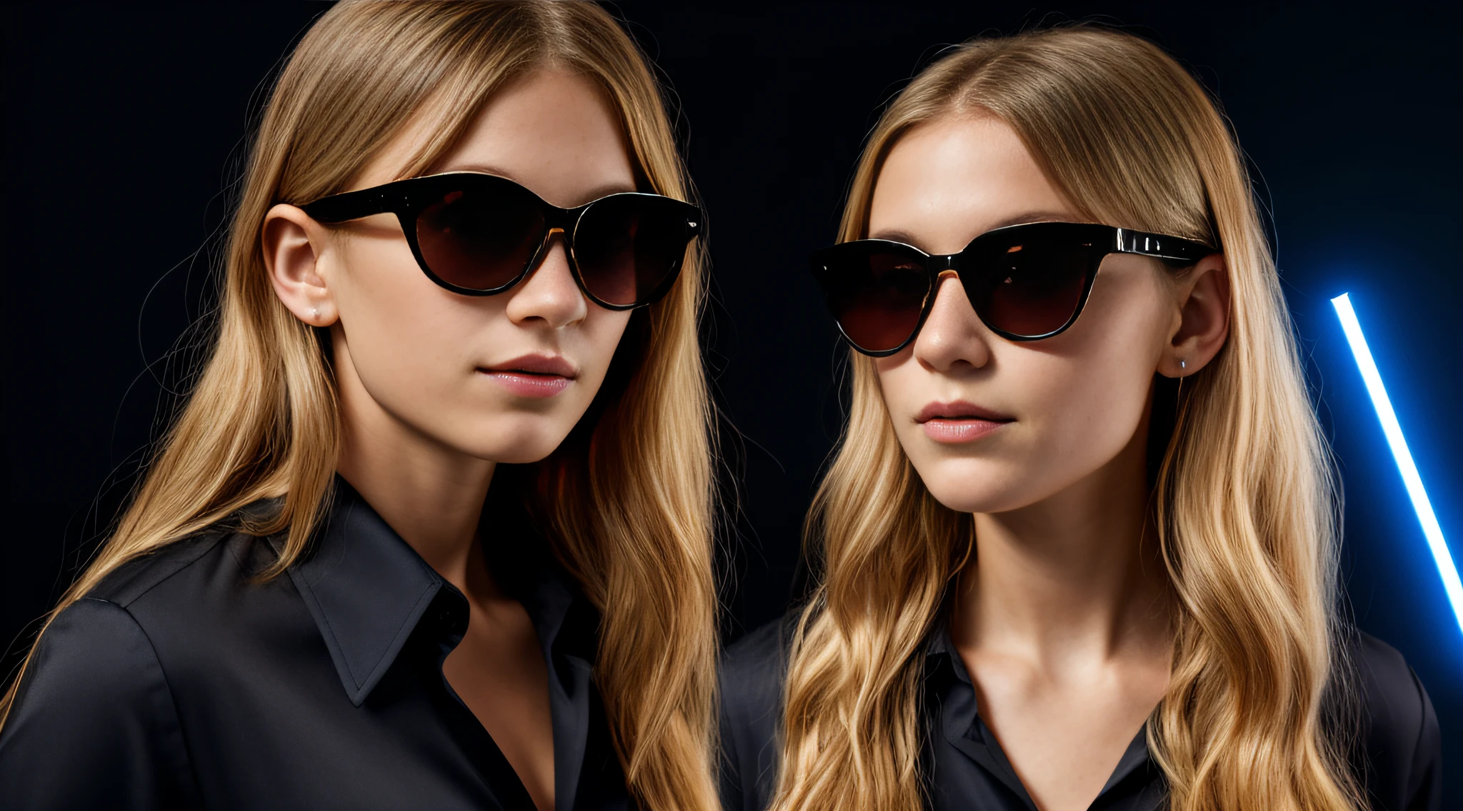 HALO LASER AZUL, close-up CHILDREN BLONDE GIRL WITH VERY LONG HAIR, in a black blouse and sunglasses in a dark room, Photo of a promotional session,