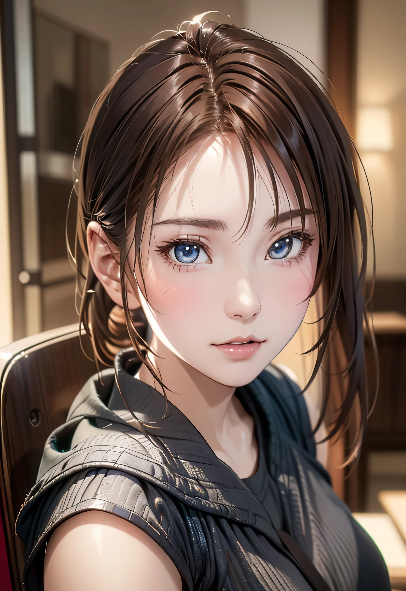 8K,Best Quality, masutepiece, 超A high resolution, (Photorealistic:1.4), Raw photo, (Authentic skin texture:1.3), (Film grain:1.3), (Selfie angle),1girl in, Bun hairstyle, Brown hair, Sitting, Chair, bored, Hand supporting chin, beautiful detailed eyes and face,masutepiece, Best Quality,close-up,upper bod,
