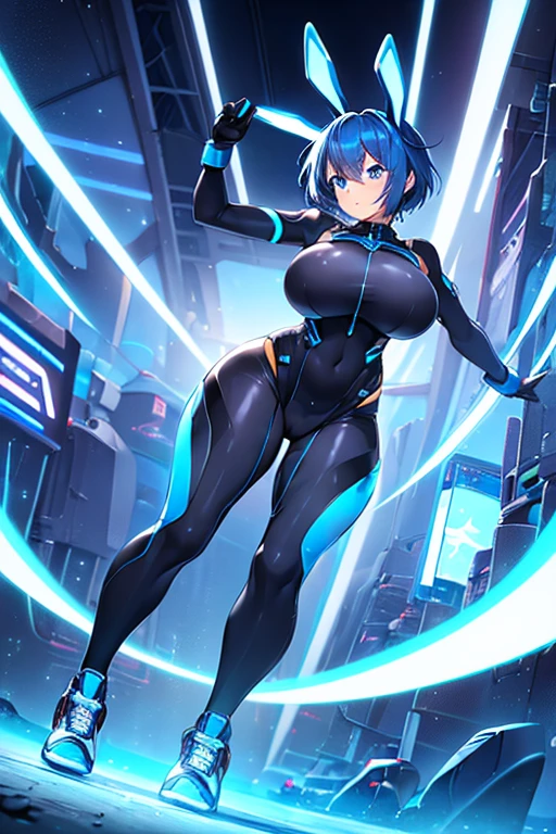 1girl, wide hips, large breasts, wide hips, blue hair, short hair, very short hair, blue eyes, bodysuit, black bodysuit, futuristic, machinery, science-fiction, tech, shoes, sneakers, neon trim, blue neon trim, full body, bunny ears, rabbit ears