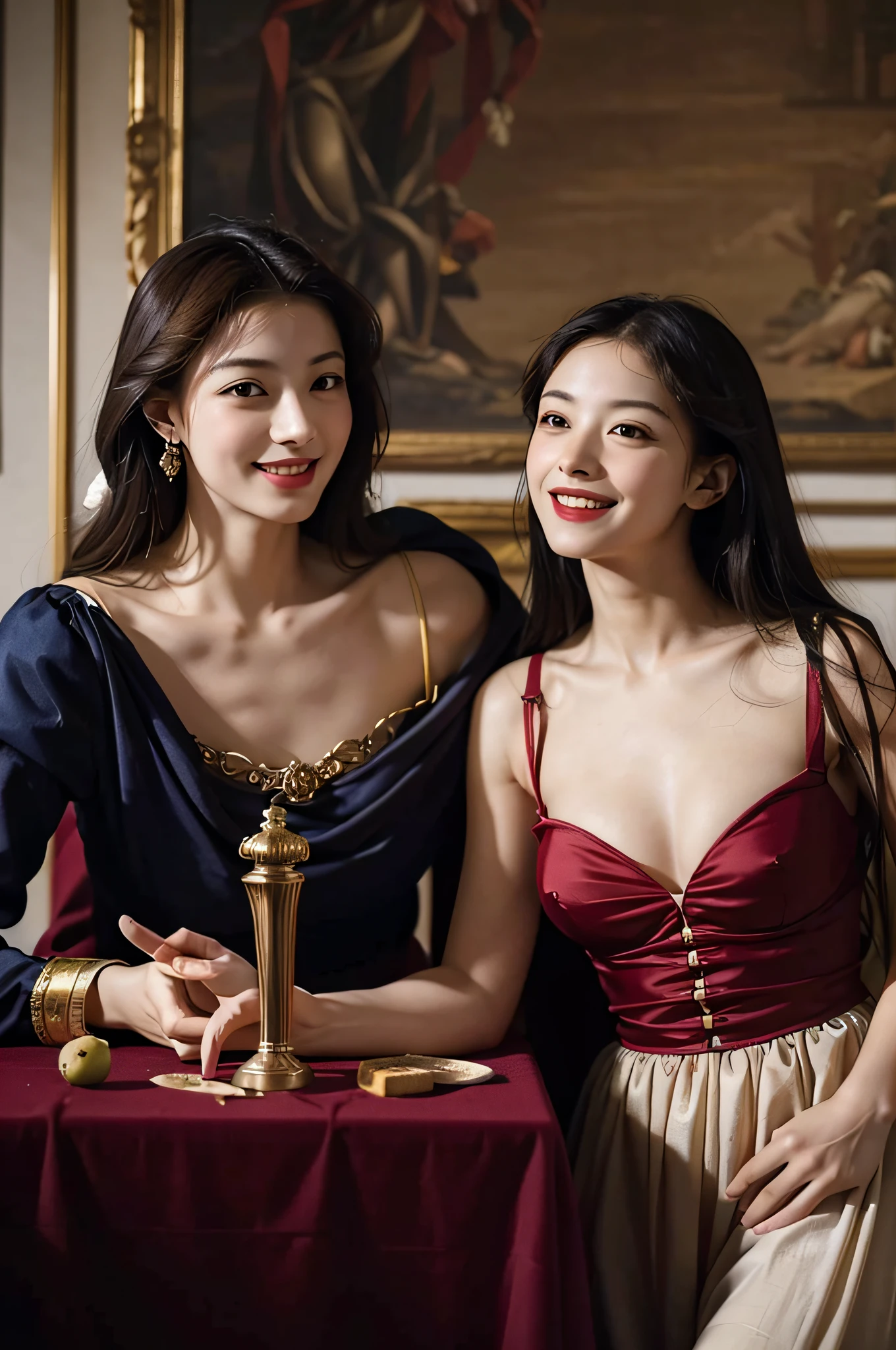 fruits,Grapes,Rosa,antique,A smile,,Sweet and seductive appearance.、Caravaggio's paintings、Chiaroscuro of Caravaggio,Two women frolicking,Cute smile, Expression of ecstasy,Geometry,stain glass,12 zodiac signs,Vigée Leblanc style,Math、Astronomical utensils,astronault,Roses in a vase,fruits,cute little,A smile,Ancient Greek costumes,Paintings by Sandro Botticelli,Costume with stretched shoulders,huge smile,large full breasts,Ecstasy expression,A sexy